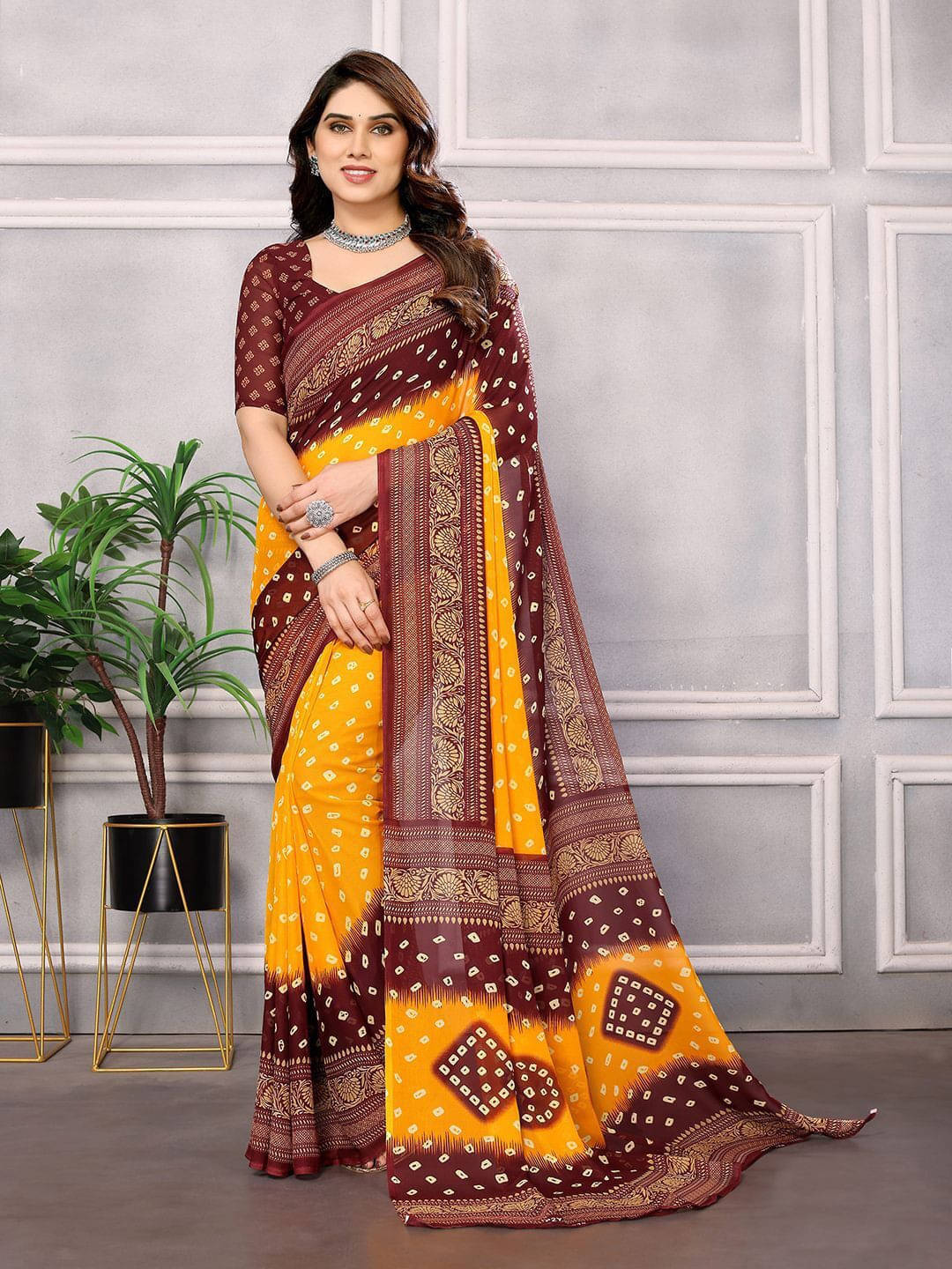     			ANAND SAREES Georgette Printed Regular Saree With Unstitched Blouse Piece ( Yellow )