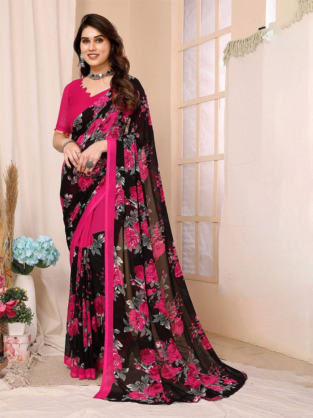     			ANAND SAREES Georgette Printed Regular Saree With Unstitched Blouse Piece ( Black )