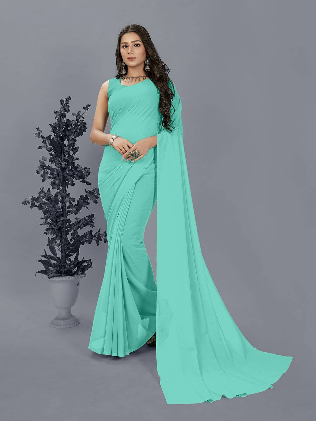 ANAND SAREES Georgette Printed Regular Saree With Unstitched Blouse Piece ( Green )     			ANAND SAREES Georgette Printed Regular Saree With Unstitched Blouse Piece ( Green )