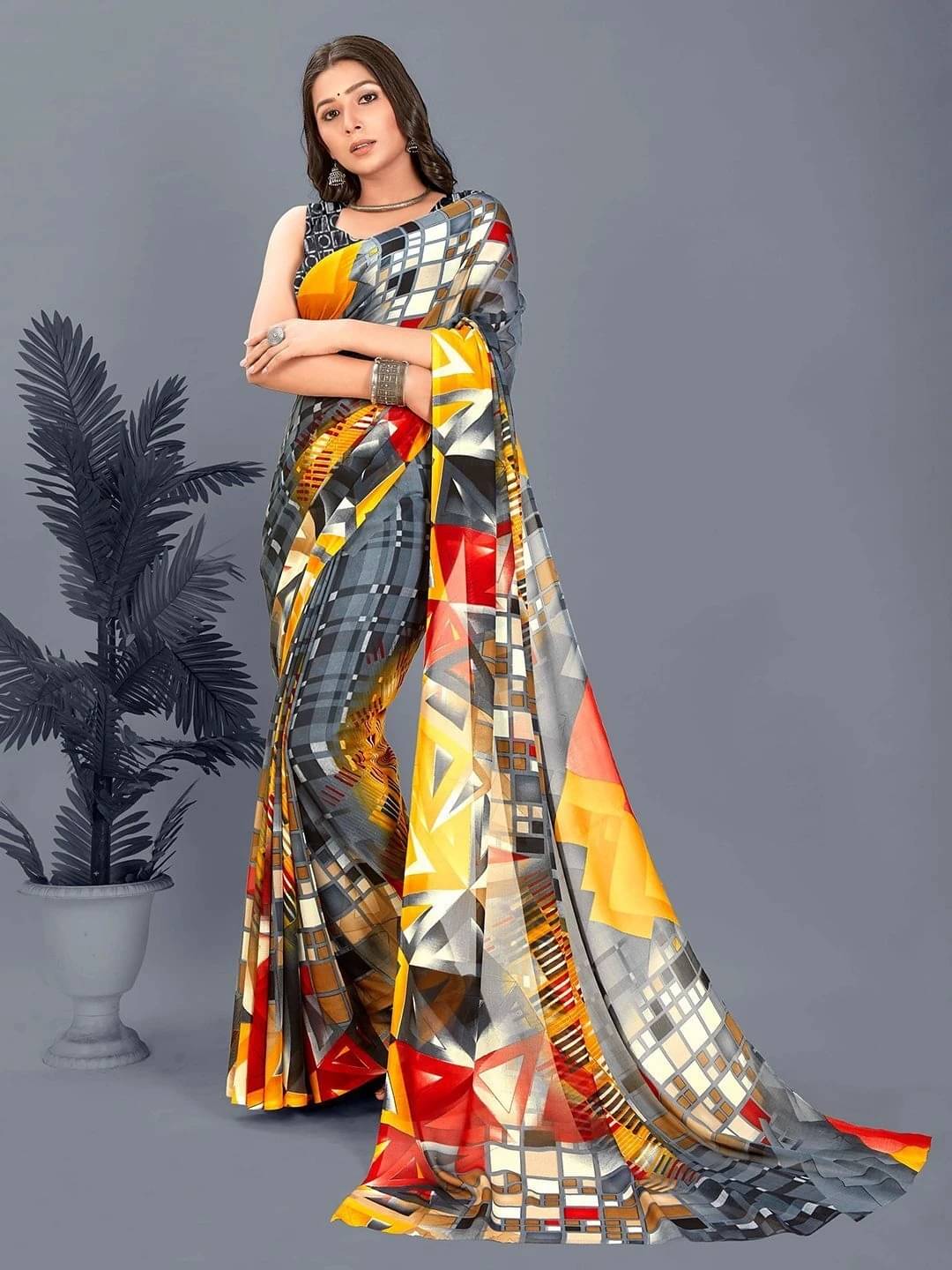     			ANAND SAREES Georgette Printed Regular Saree With Unstitched Blouse Piece ( Grey )