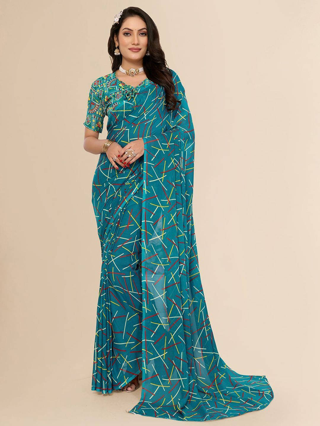 ANAND SAREES Georgette Printed Regular Saree With Unstitched Blouse Piece ( Blue ) ANAND SAREES Georgette Printed Regular Saree With Unstitched Blouse Piece ( Blue )