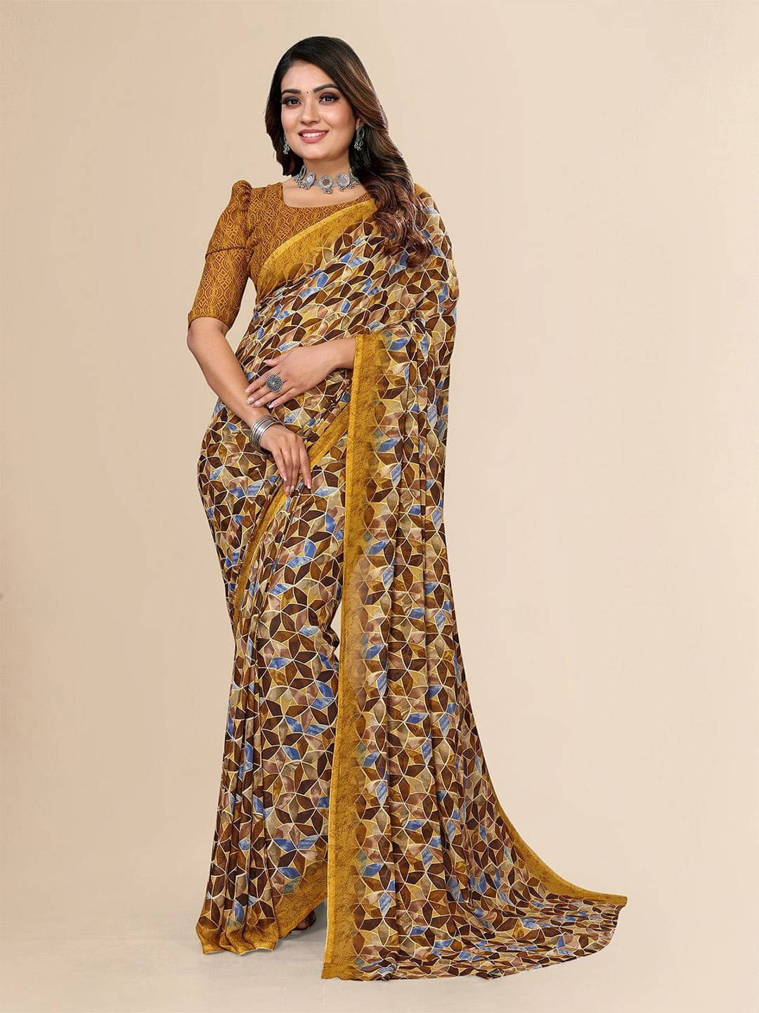 ANAND SAREES Georgette Printed Regular Saree With Unstitched Blouse Piece ( Yellow ) ANAND SAREES Georgette Printed Regular Saree With Unstitched Blouse Piece ( Yellow )