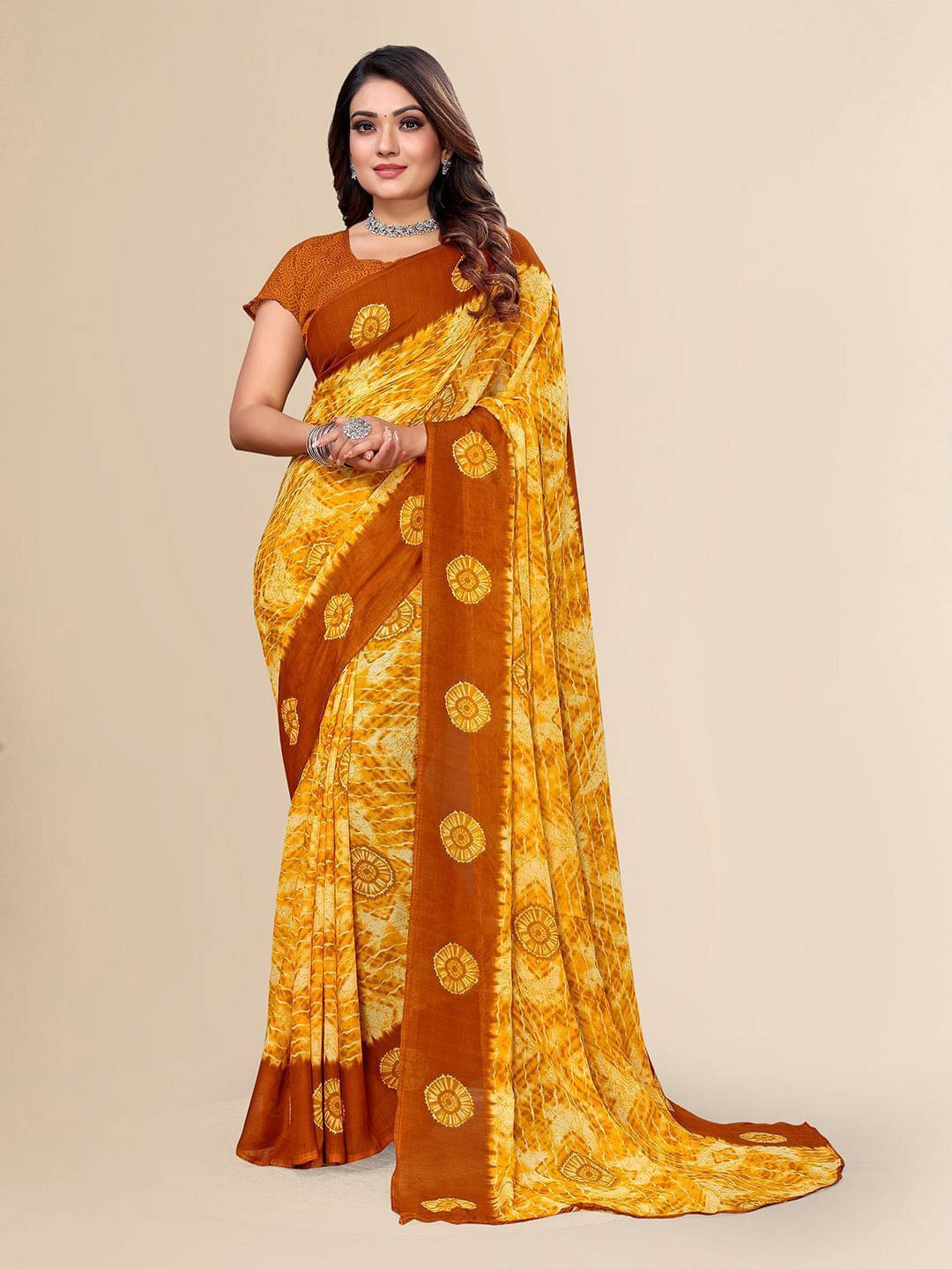 ANAND SAREES Georgette Printed Regular Saree With Unstitched Blouse Piece ( Yellow ) ANAND SAREES Georgette Printed Regular Saree With Unstitched Blouse Piece ( Yellow )