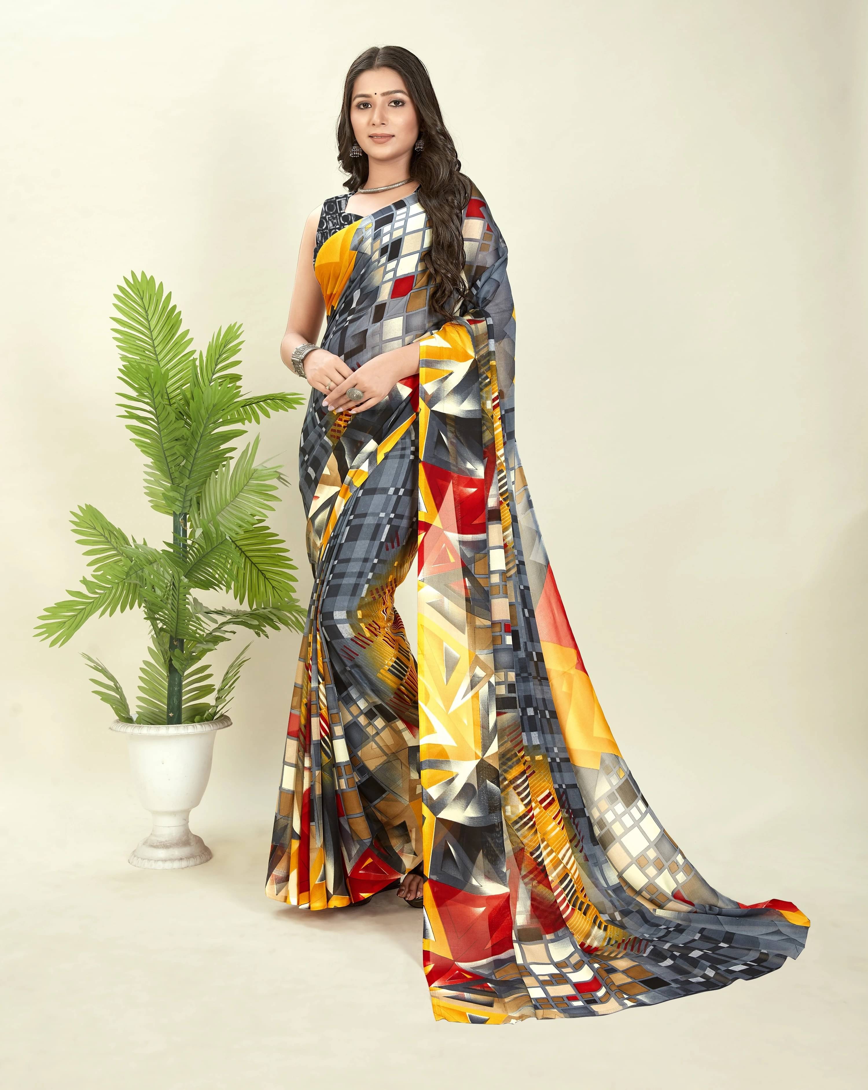 ANAND SAREES Georgette Printed Regular Saree With Unstitched Blouse Piece ( Grey ) ANAND SAREES Georgette Printed Regular Saree With Unstitched Blouse Piece ( Grey )