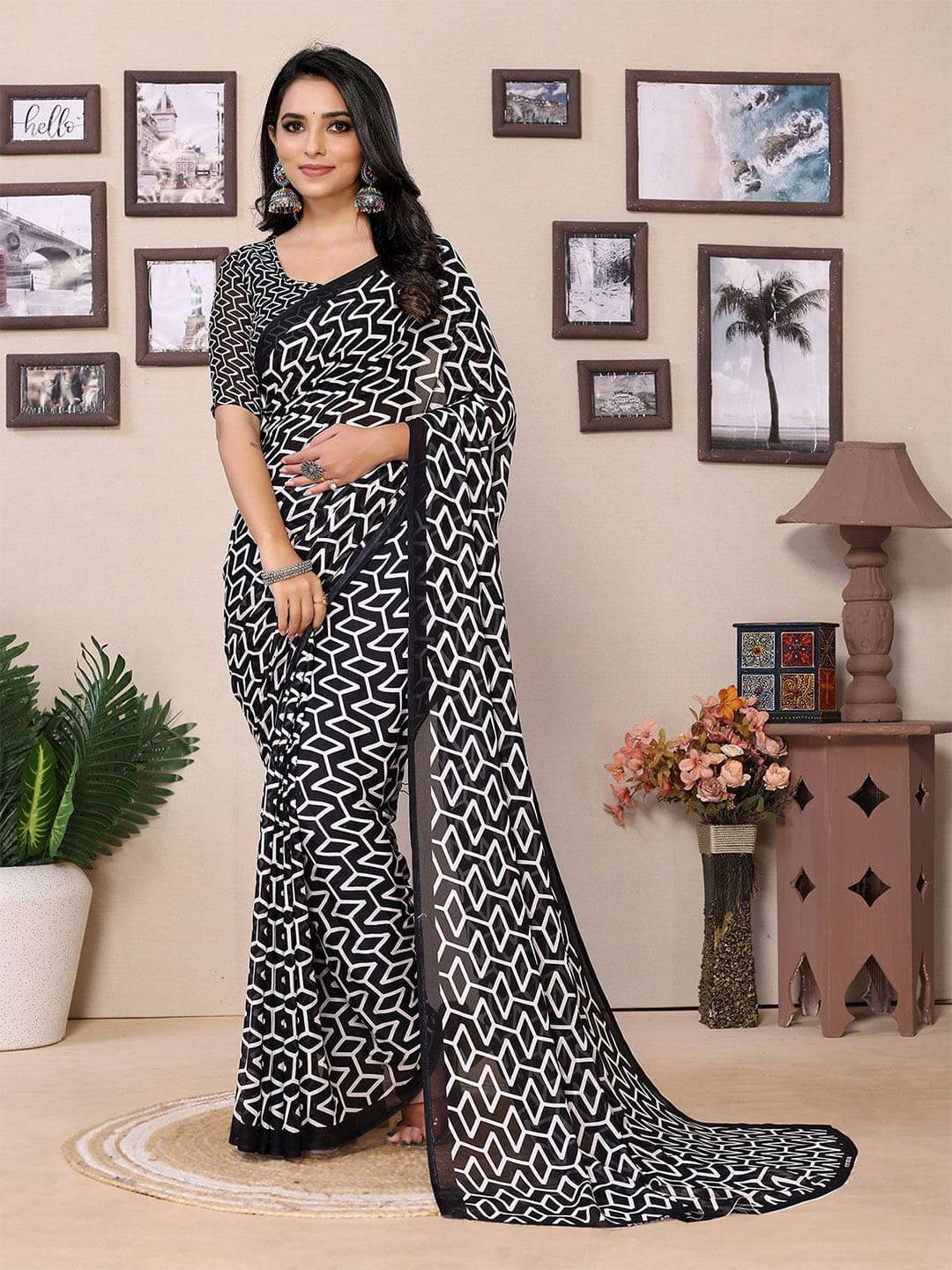 ANAND SAREES Georgette Printed Regular Saree With Unstitched Blouse Piece ( Black ) ANAND SAREES Georgette Printed Regular Saree With Unstitched Blouse Piece ( Black )