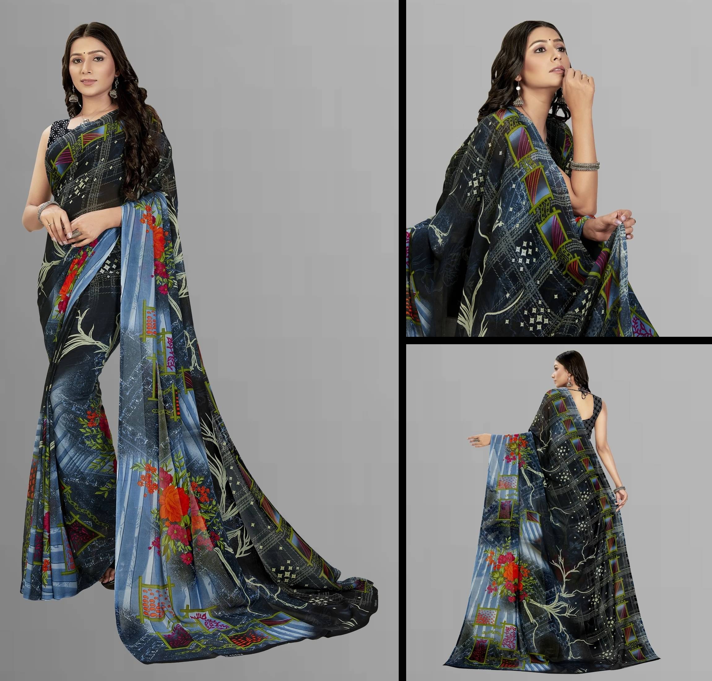ANAND SAREES Georgette Printed Regular Saree With Unstitched Blouse Piece ( Black ) ANAND SAREES Georgette Printed Regular Saree With Unstitched Blouse Piece ( Black )