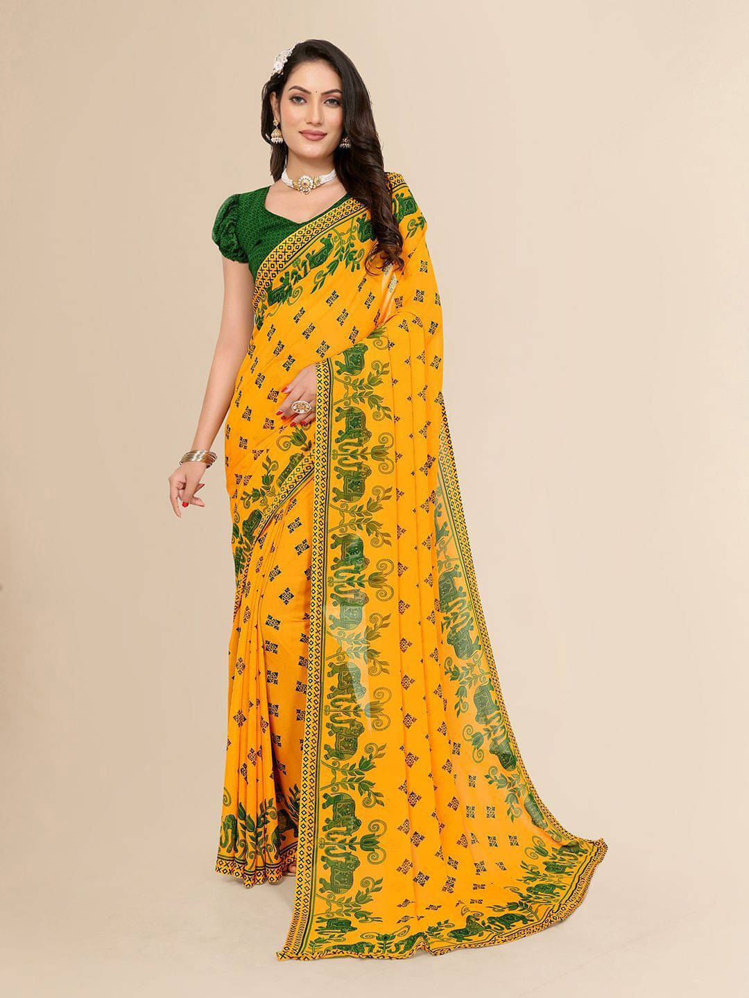     			ANAND SAREES Georgette Printed Regular Saree With Unstitched Blouse Piece ( Yellow )