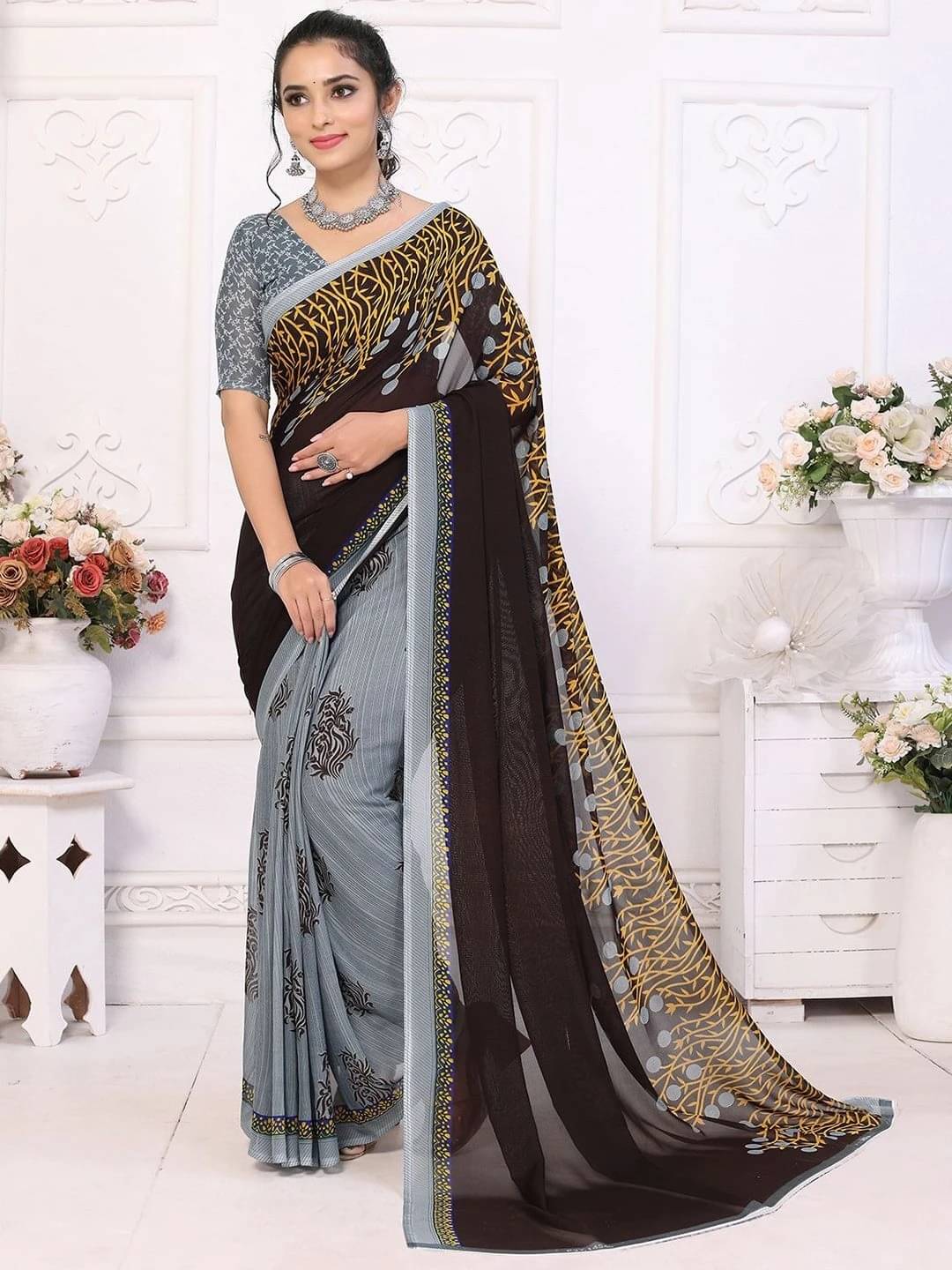     			ANAND SAREES Georgette Printed Regular Saree With Unstitched Blouse Piece ( Brown )
