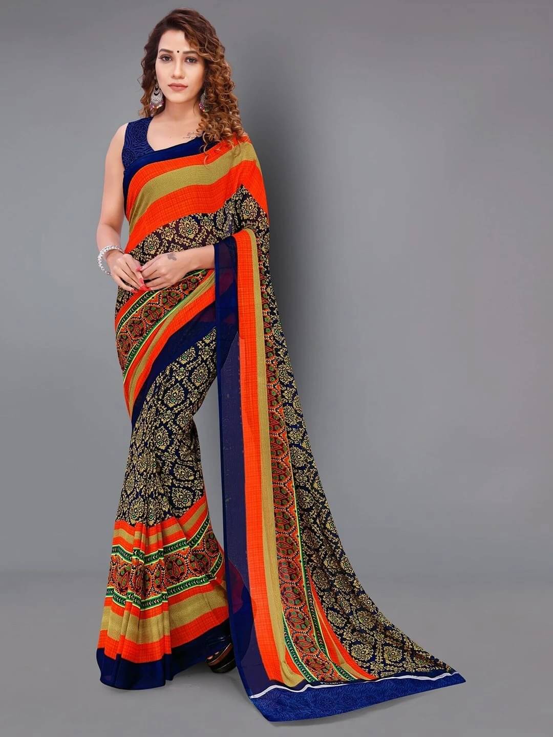 ANAND SAREES Georgette Printed Regular Saree With Unstitched Blouse Piece ( Blue ) ANAND SAREES Georgette Printed Regular Saree With Unstitched Blouse Piece ( Blue )