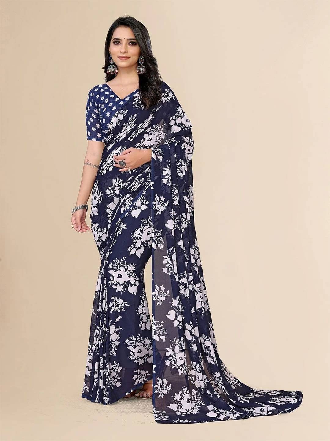 ANAND SAREES Georgette Printed Regular Saree With Unstitched Blouse Piece ( Blue ) ANAND SAREES Georgette Printed Regular Saree With Unstitched Blouse Piece ( Blue )
