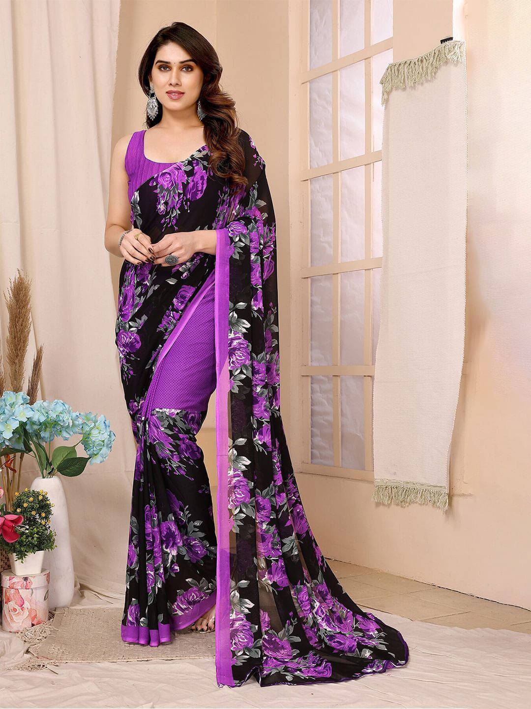     			ANAND SAREES Georgette Printed Regular Saree With Unstitched Blouse Piece ( Purple )