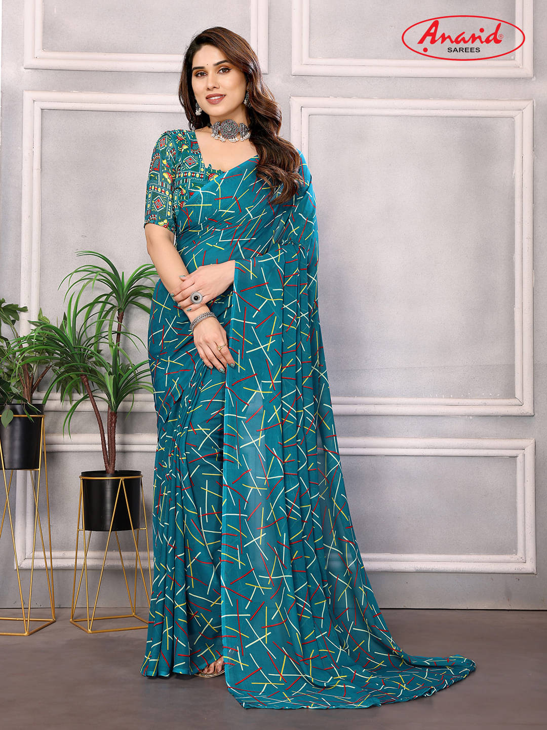 ANAND SAREES Georgette Printed Regular Saree With Unstitched Blouse Piece ( Blue ) ANAND SAREES Georgette Printed Regular Saree With Unstitched Blouse Piece ( Blue )
