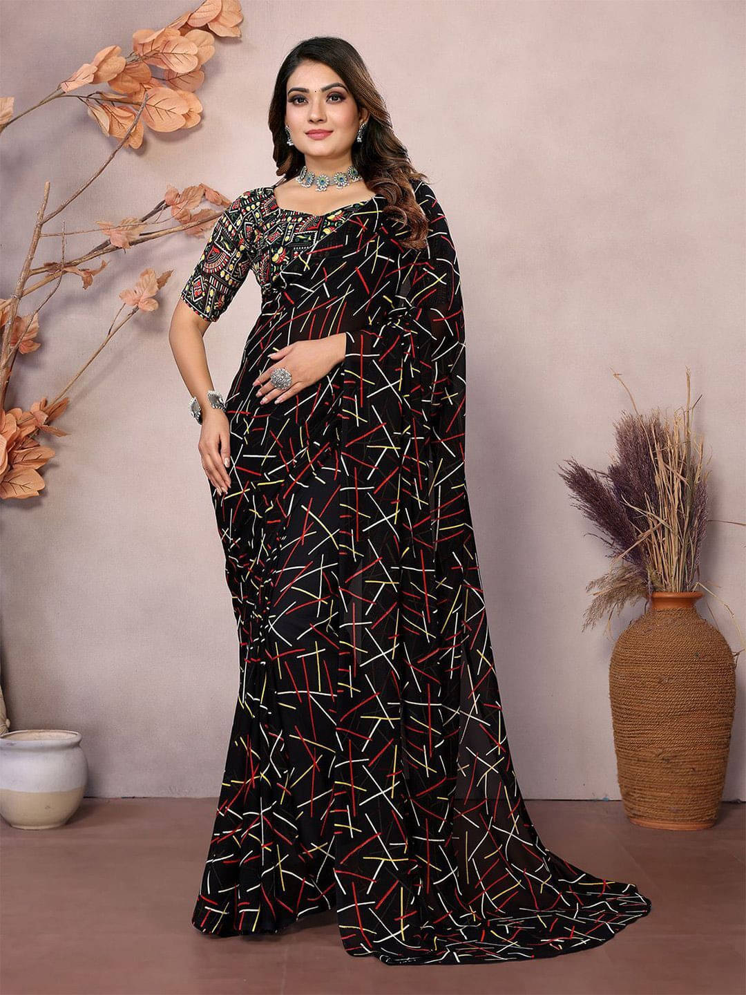 ANAND SAREES Georgette Printed Regular Saree With Unstitched Blouse Piece ( Black ) ANAND SAREES Georgette Printed Regular Saree With Unstitched Blouse Piece ( Black )
