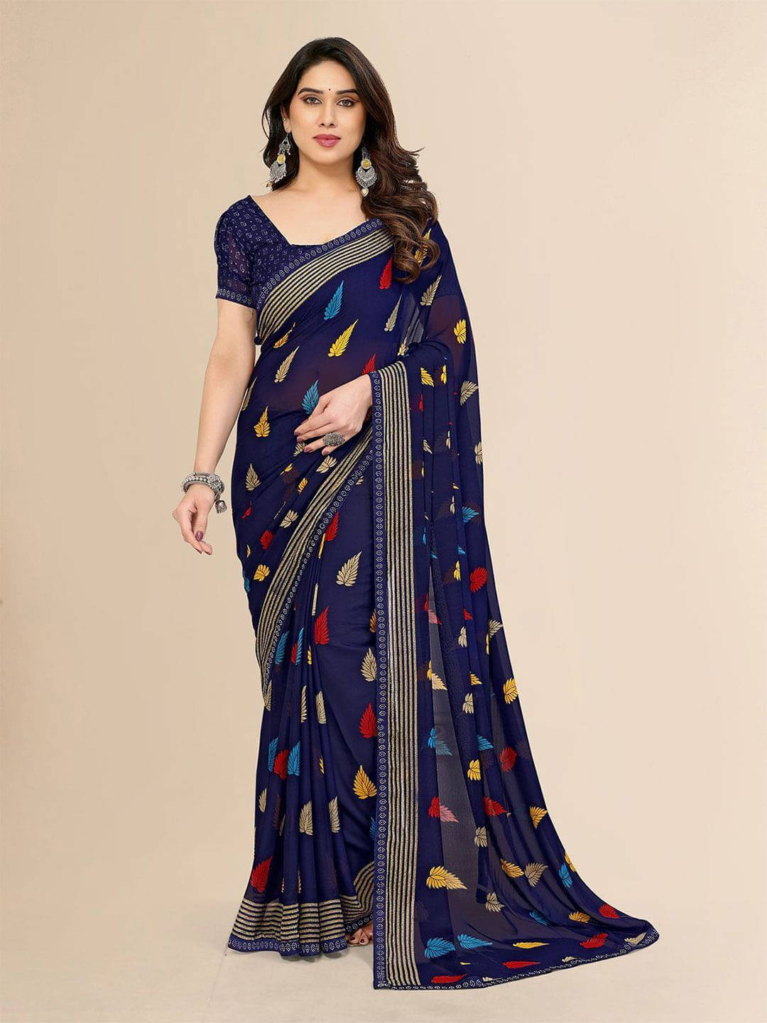 ANAND SAREES Georgette Printed Regular Saree With Unstitched Blouse Piece ( Blue ) ANAND SAREES Georgette Printed Regular Saree With Unstitched Blouse Piece ( Blue )