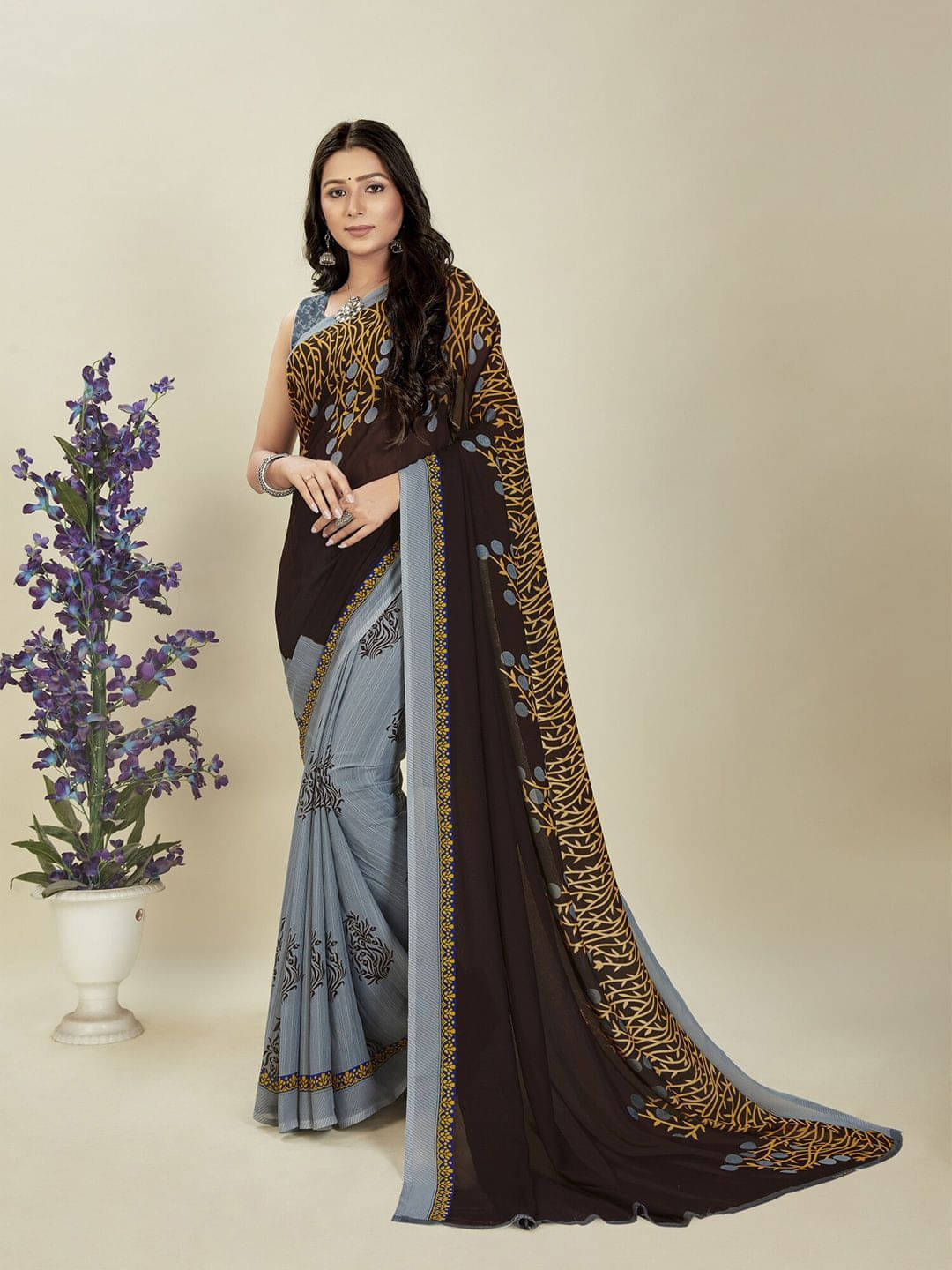     			ANAND SAREES Georgette Printed Regular Saree With Unstitched Blouse Piece ( Brown )