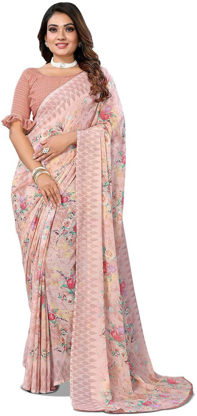 ANAND SAREES Georgette Printed Regular Saree With Unstitched Blouse Piece ( Brown )     			ANAND SAREES Georgette Printed Regular Saree With Unstitched Blouse Piece ( Brown )