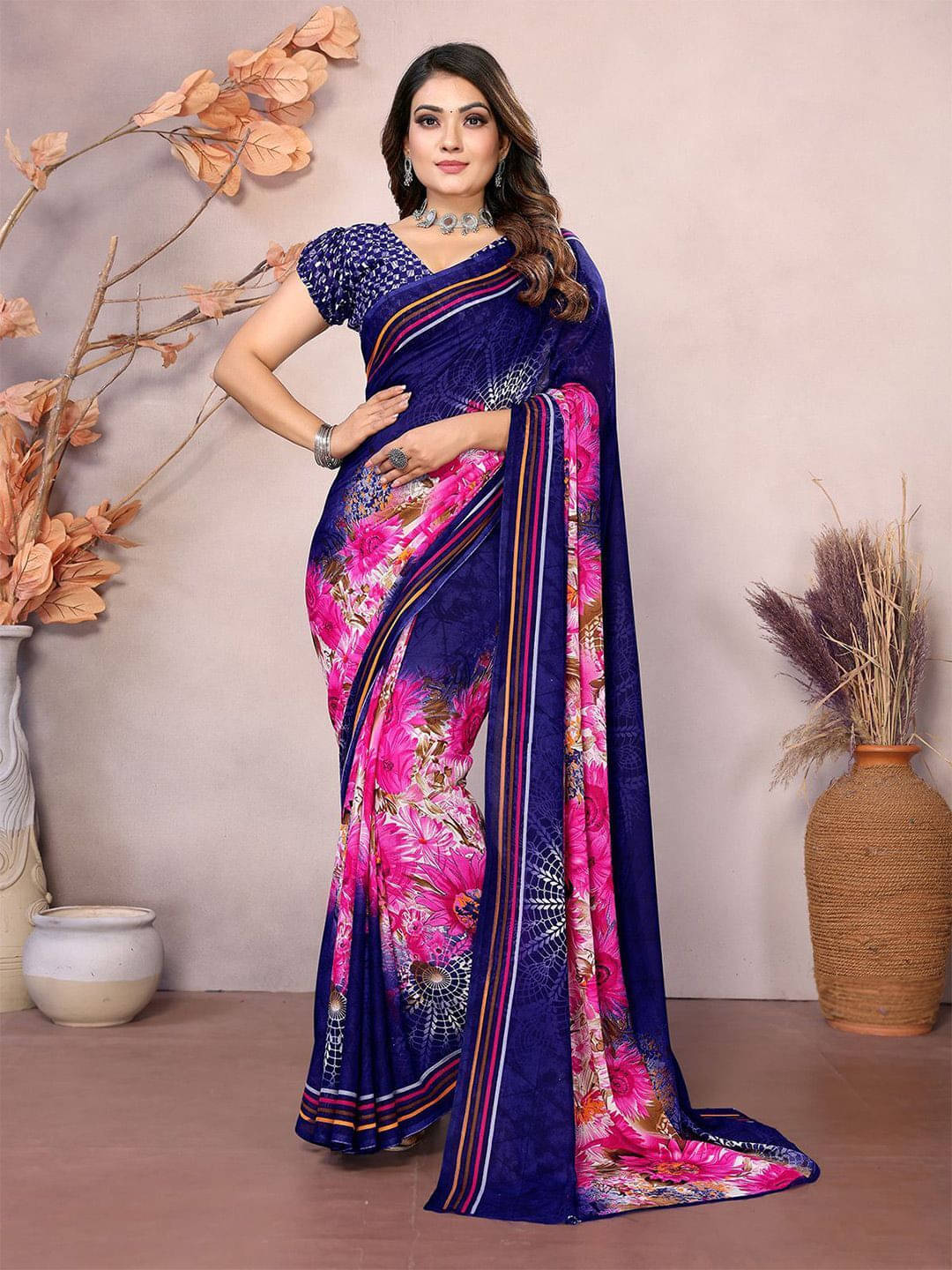 ANAND SAREES Georgette Printed Regular Saree With Unstitched Blouse Piece ( Blue ) ANAND SAREES Georgette Printed Regular Saree With Unstitched Blouse Piece ( Blue )