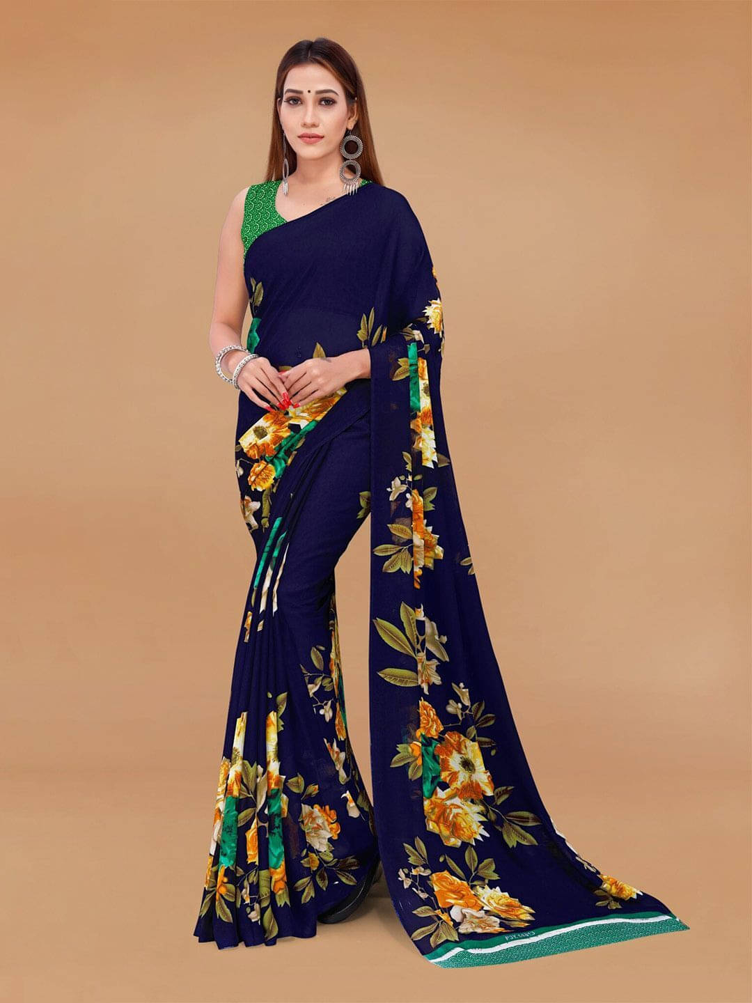 ANAND SAREES Georgette Printed Regular Saree With Unstitched Blouse Piece ( Blue )     			ANAND SAREES Georgette Printed Regular Saree With Unstitched Blouse Piece ( Blue )
