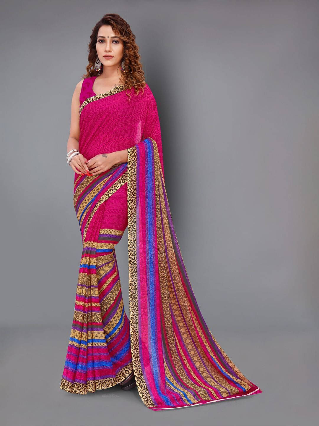 ANAND SAREES Georgette Printed Regular Saree With Unstitched Blouse Piece ( Pink ) ANAND SAREES Georgette Printed Regular Saree With Unstitched Blouse Piece ( Pink )