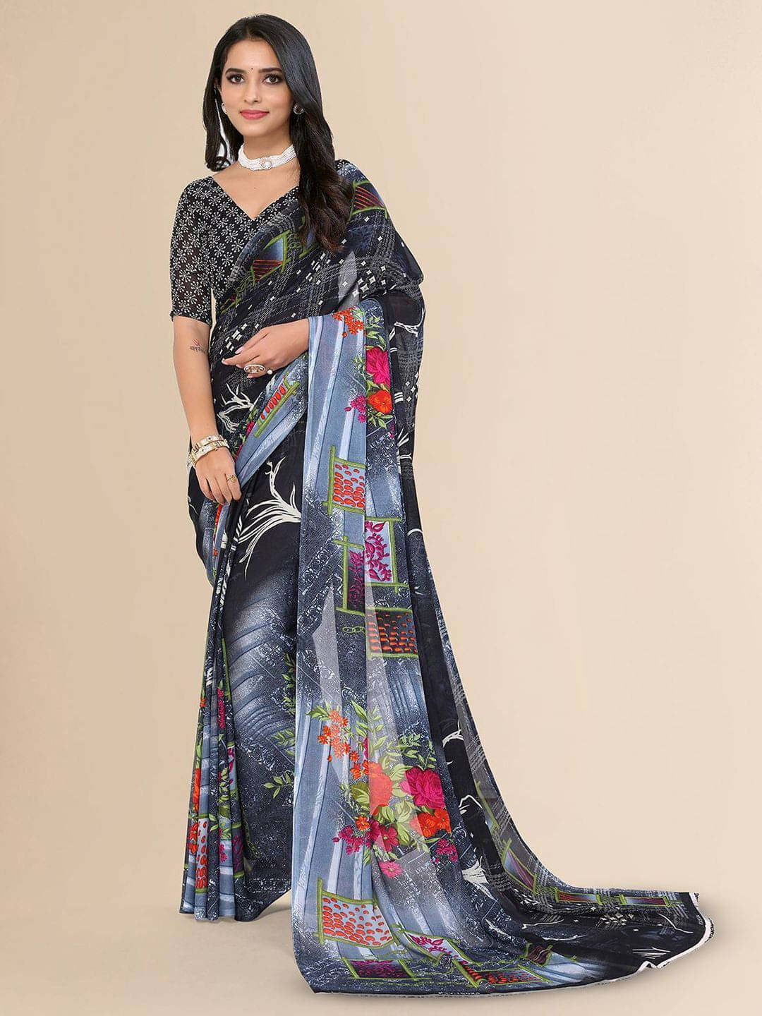     			ANAND SAREES Georgette Printed Regular Saree With Unstitched Blouse Piece ( Grey )