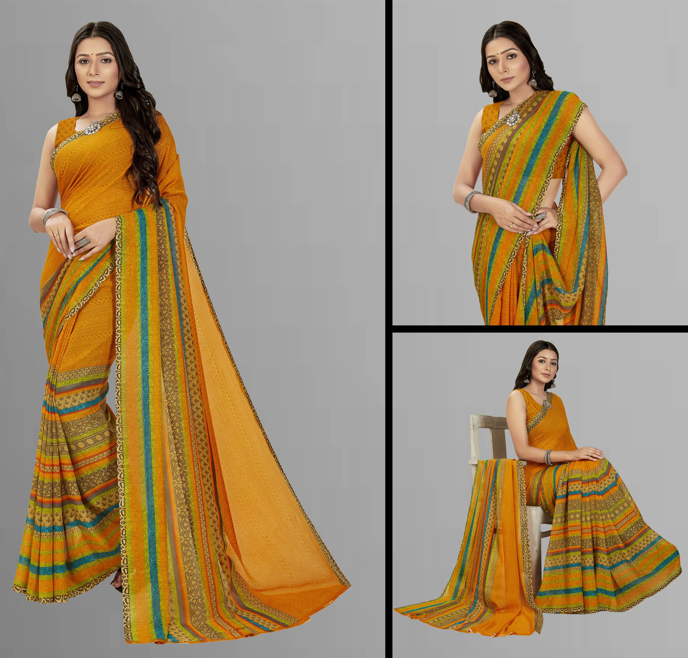 ANAND SAREES Georgette Printed Regular Saree With Unstitched Blouse Piece ( Yellow ) ANAND SAREES Georgette Printed Regular Saree With Unstitched Blouse Piece ( Yellow )