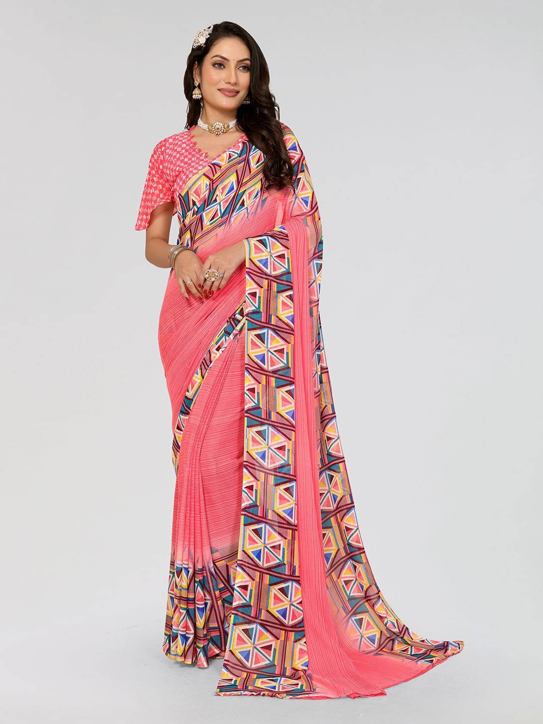 ANAND SAREES Georgette Printed Regular Saree With Unstitched Blouse Piece ( Pink ) ANAND SAREES Georgette Printed Regular Saree With Unstitched Blouse Piece ( Pink )