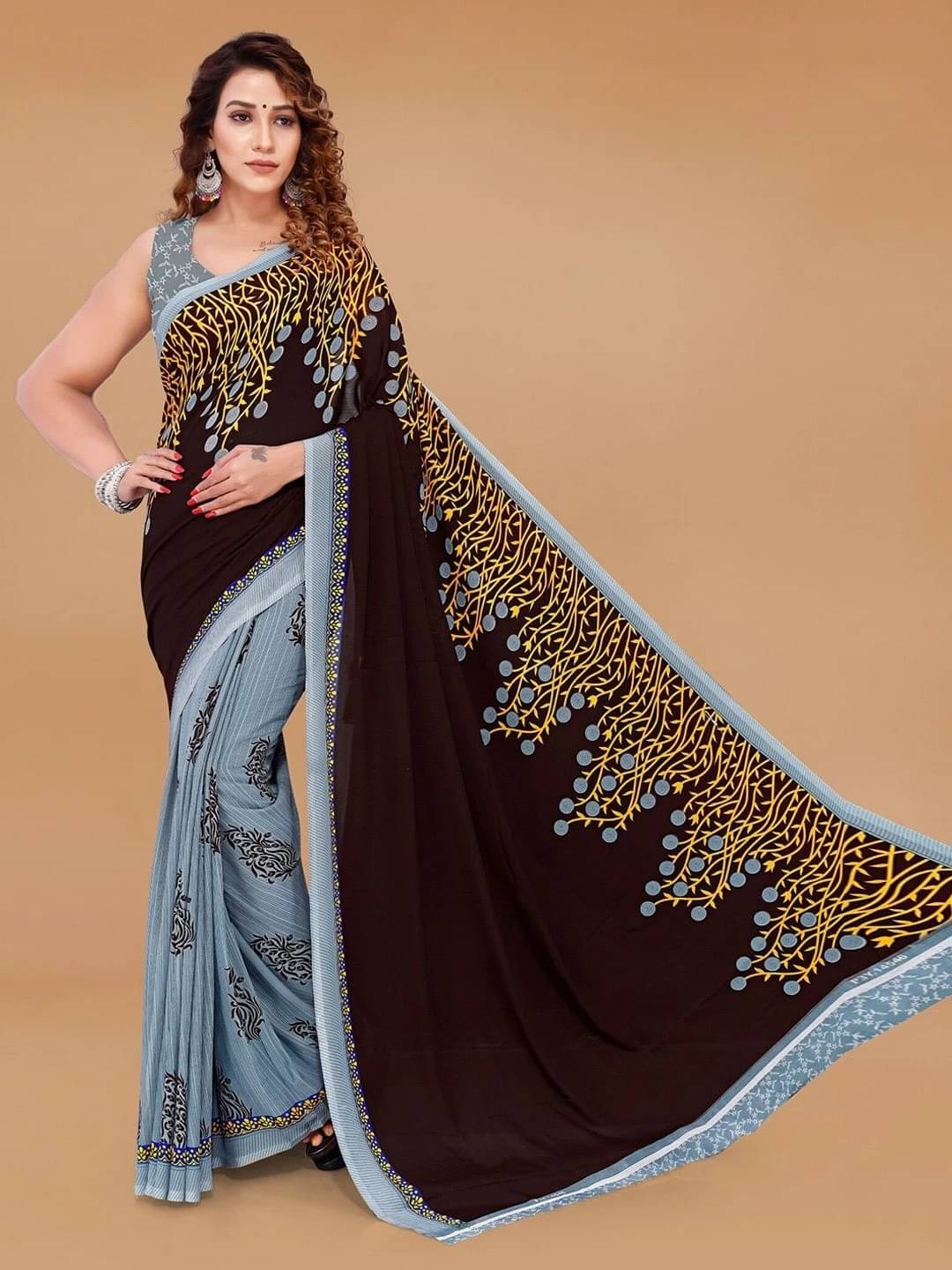ANAND SAREES Georgette Printed Regular Saree With Unstitched Blouse Piece ( Brown ) ANAND SAREES Georgette Printed Regular Saree With Unstitched Blouse Piece ( Brown )