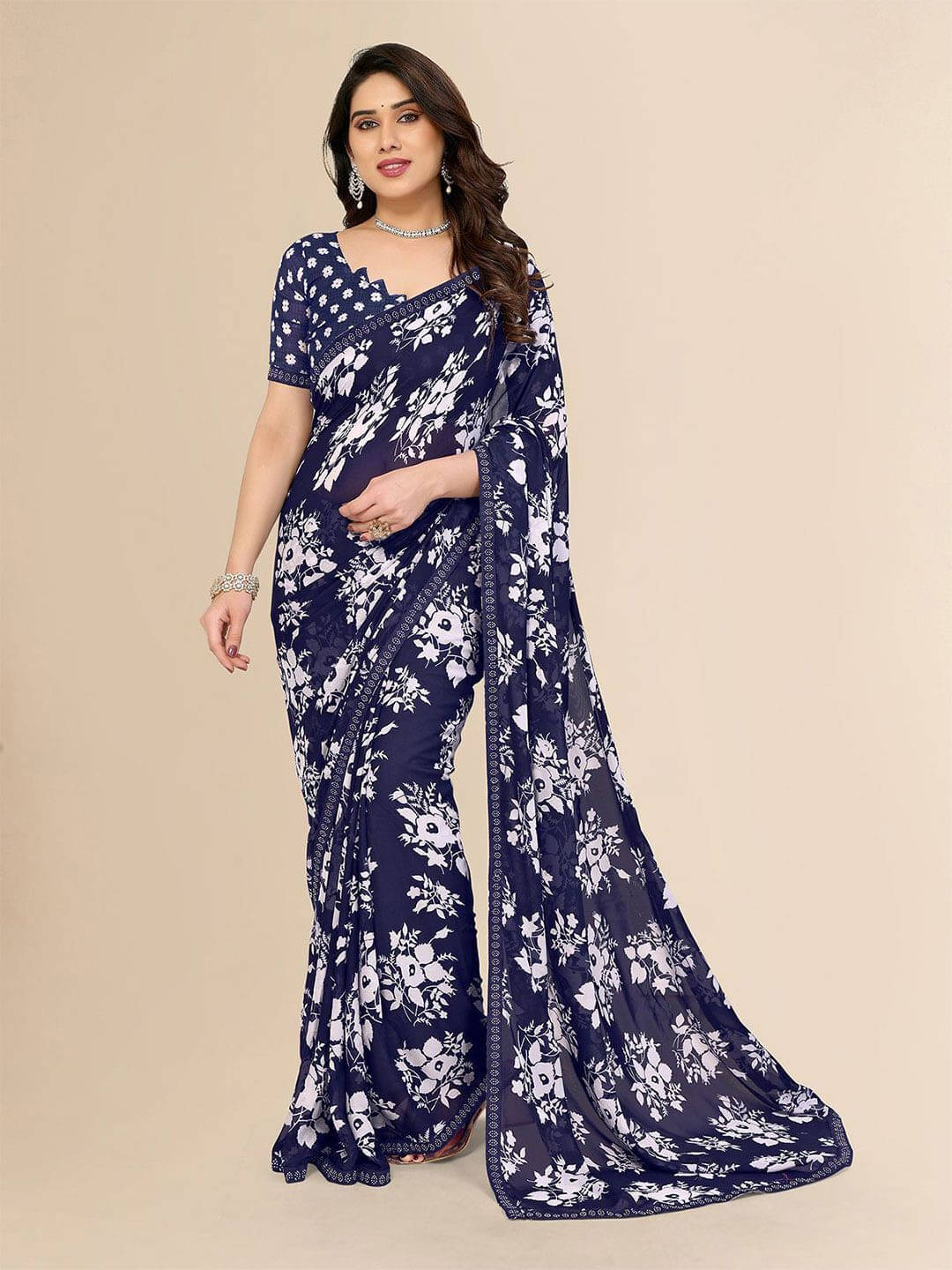 ANAND SAREES Georgette Printed Regular Saree With Unstitched Blouse Piece ( Blue ) ANAND SAREES Georgette Printed Regular Saree With Unstitched Blouse Piece ( Blue )