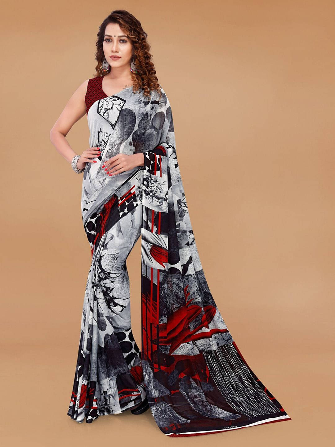 ANAND SAREES Georgette Printed Regular Saree With Unstitched Blouse Piece ( Grey ) ANAND SAREES Georgette Printed Regular Saree With Unstitched Blouse Piece ( Grey )