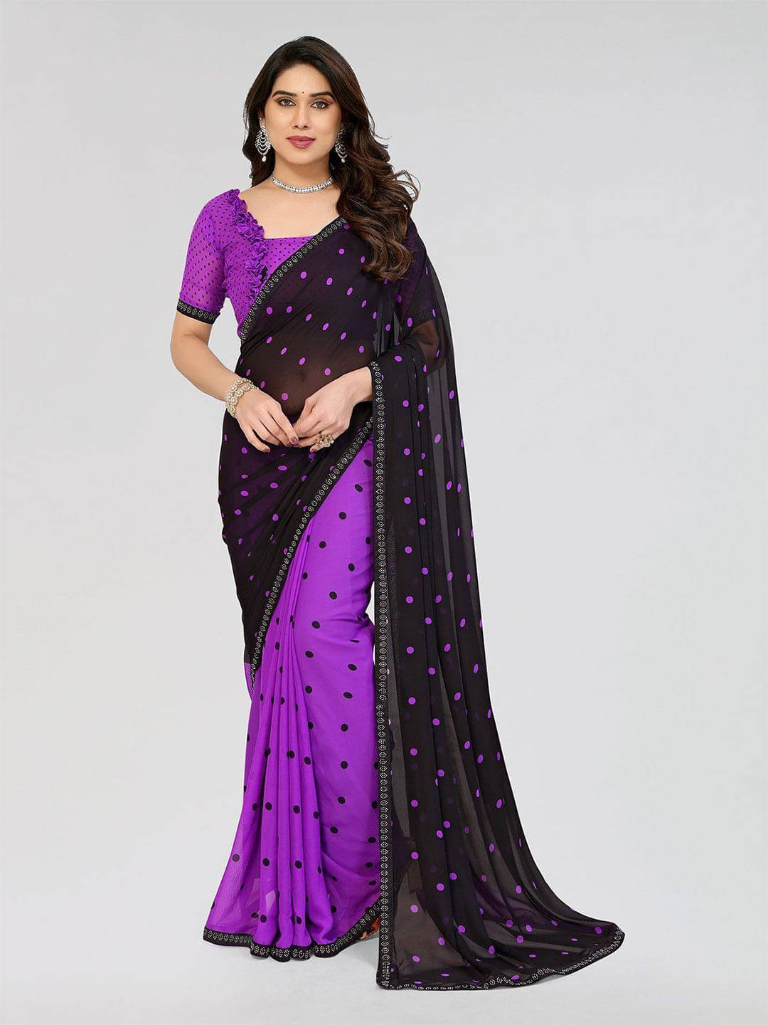 ANAND SAREES Georgette Printed Regular Saree With Unstitched Blouse Piece ( Purple )     			ANAND SAREES Georgette Printed Regular Saree With Unstitched Blouse Piece ( Purple )