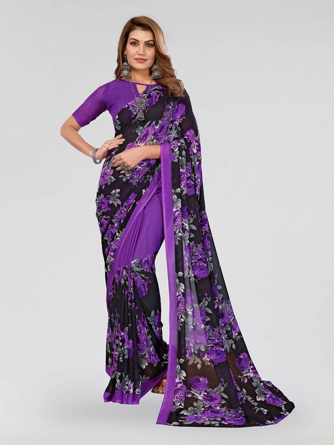     			ANAND SAREES Georgette Printed Regular Saree With Unstitched Blouse Piece ( Purple )