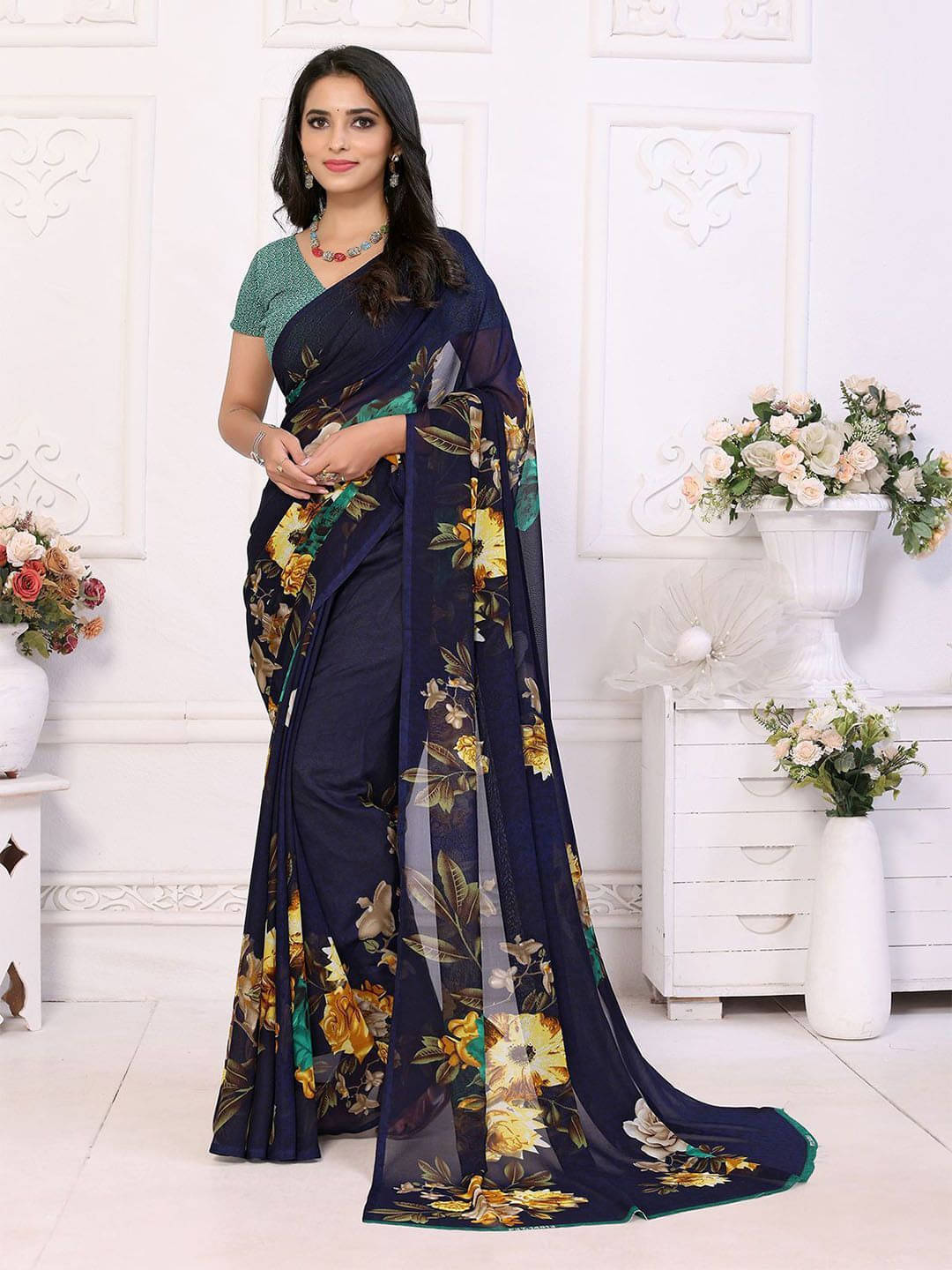     			ANAND SAREES Georgette Printed Regular Saree With Unstitched Blouse Piece ( Blue )