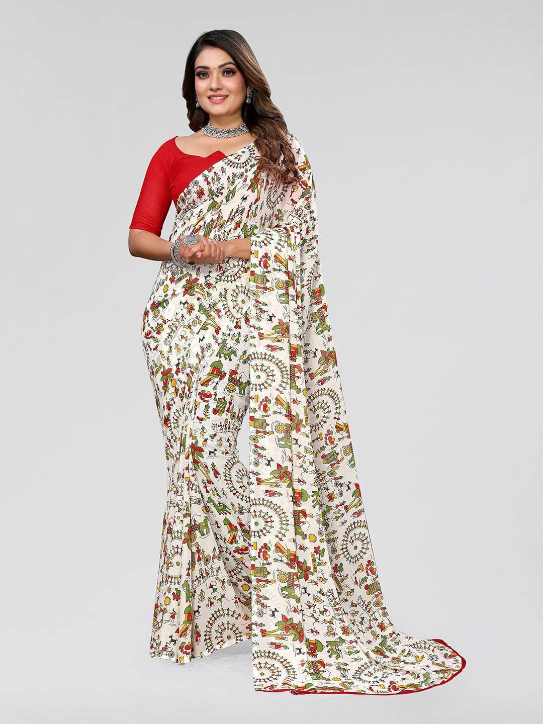 ANAND SAREES Georgette Printed Regular Saree With Unstitched Blouse Piece ( White ) ANAND SAREES Georgette Printed Regular Saree With Unstitched Blouse Piece ( White )