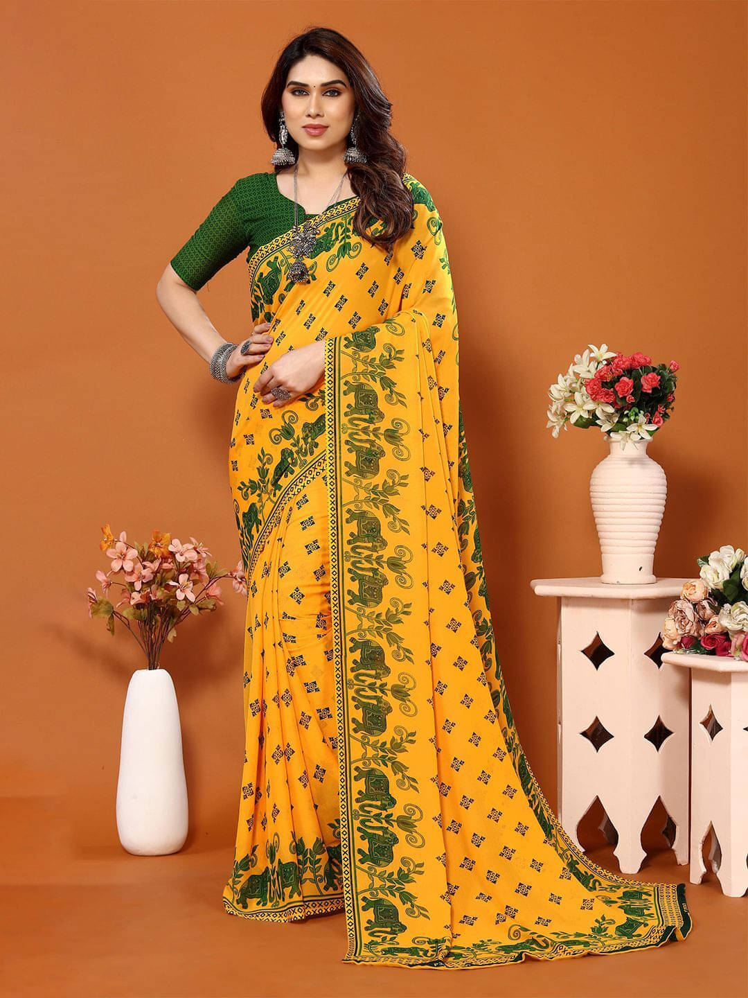     			ANAND SAREES Georgette Printed Regular Saree With Unstitched Blouse Piece ( Yellow )
