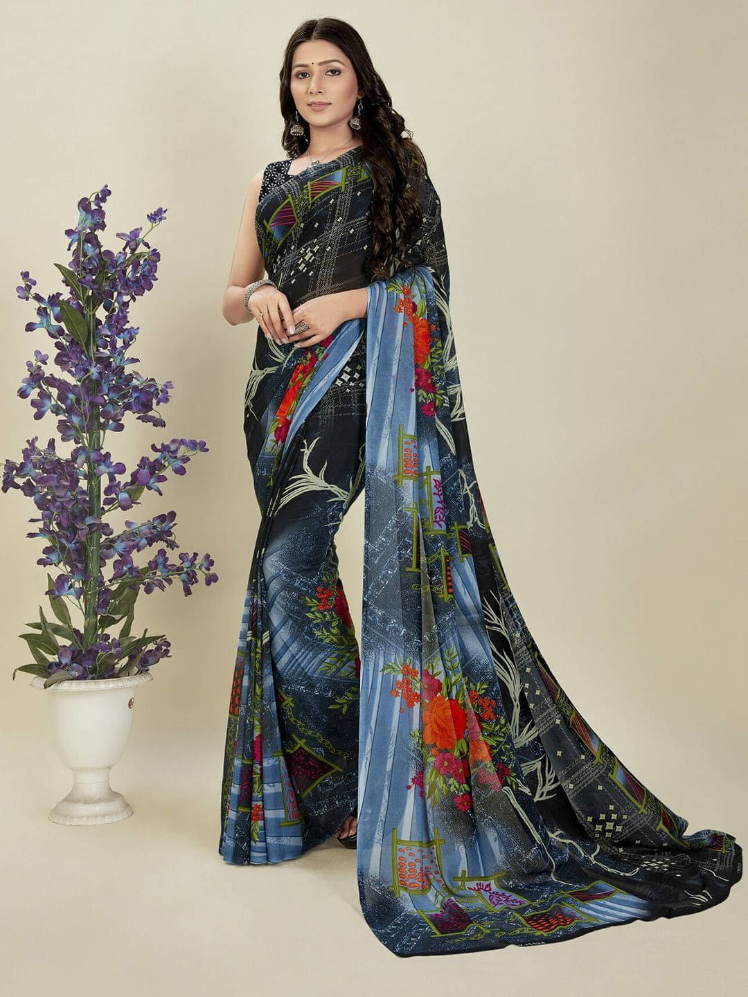     			ANAND SAREES Georgette Printed Regular Saree With Unstitched Blouse Piece ( Blue )