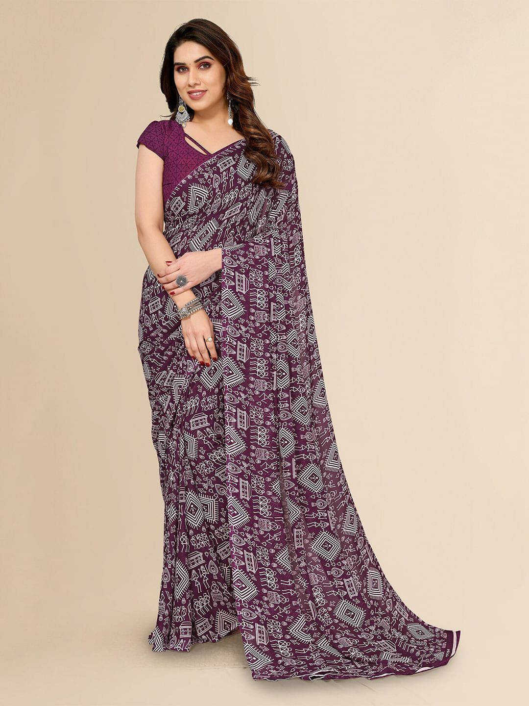 ANAND SAREES Georgette Printed Regular Saree With Unstitched Blouse Piece ( Purple ) ANAND SAREES Georgette Printed Regular Saree With Unstitched Blouse Piece ( Purple )