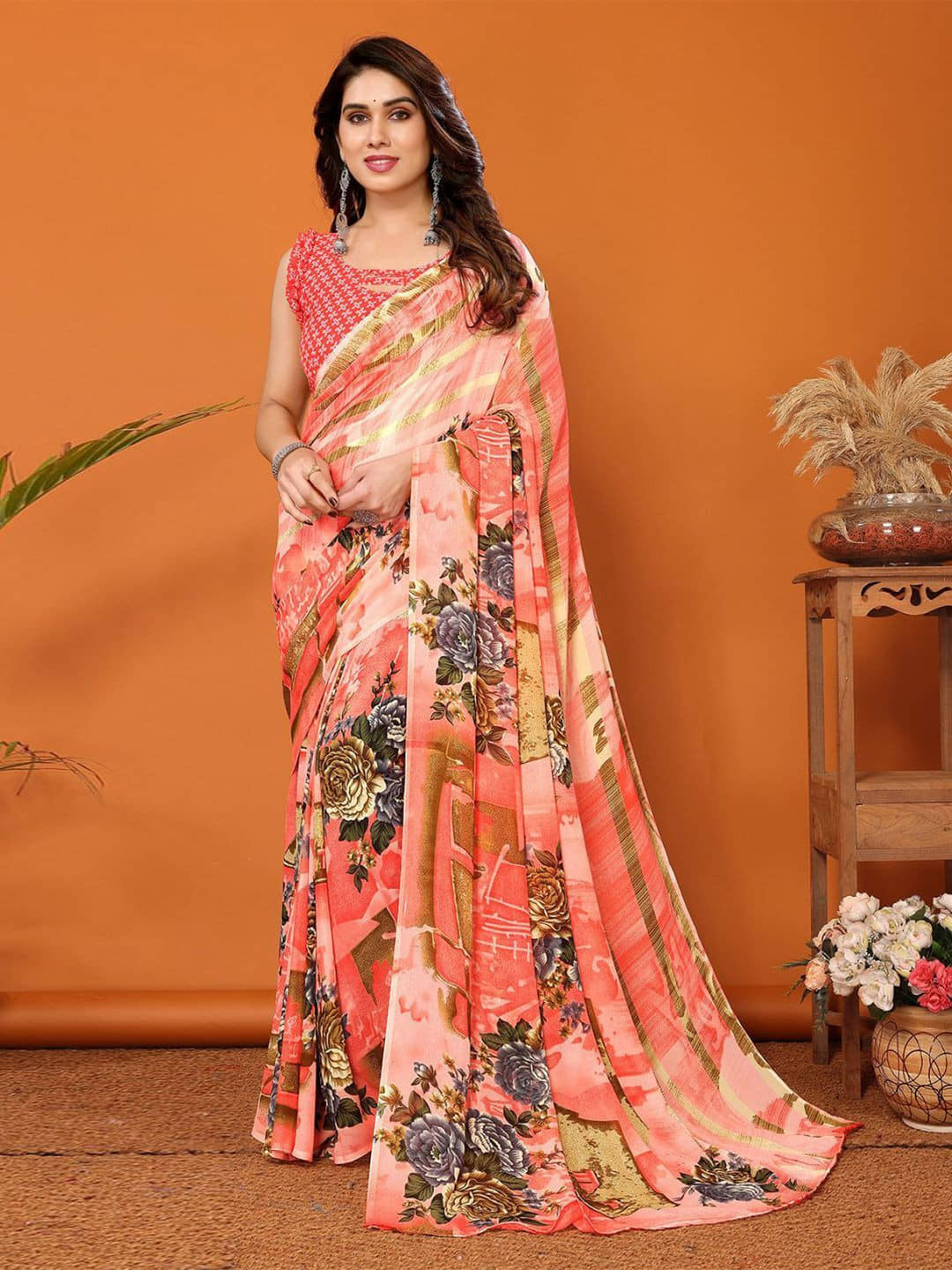 ANAND SAREES Georgette Printed Regular Saree With Unstitched Blouse Piece ( Pink ) - Sarees | Buy online on ZillyBuy