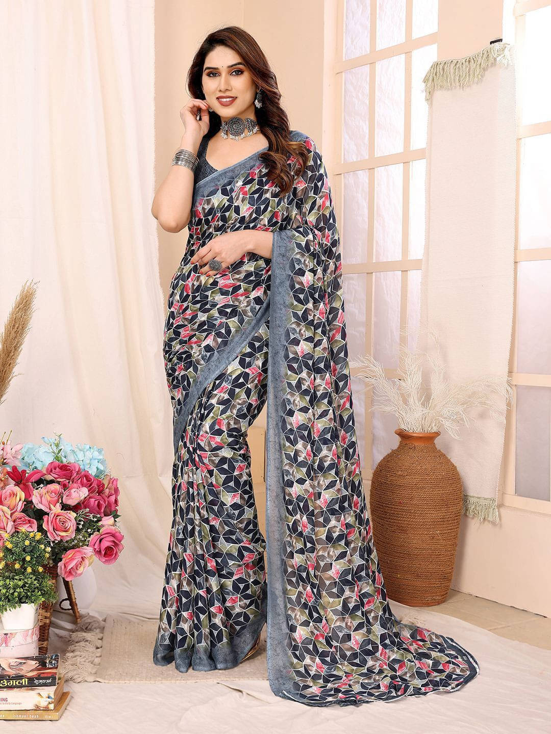     			ANAND SAREES Georgette Printed Regular Saree With Unstitched Blouse Piece ( Blue )