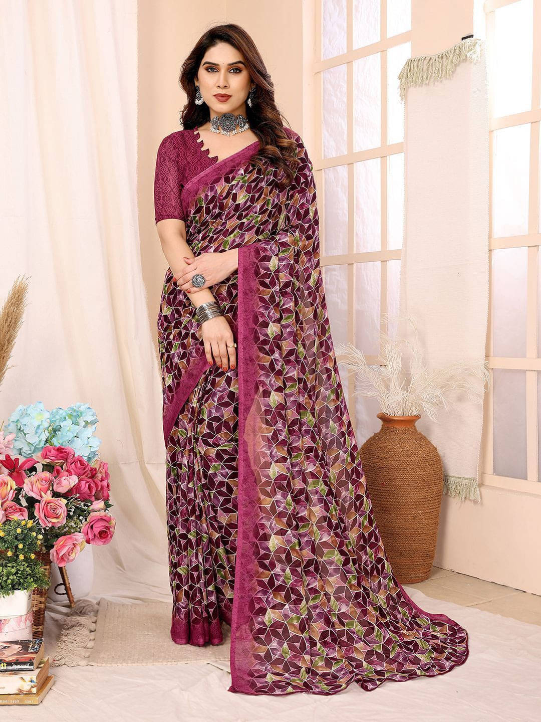 ANAND SAREES Georgette Printed Regular Saree With Unstitched Blouse Piece ( Pink )     			ANAND SAREES Georgette Printed Regular Saree With Unstitched Blouse Piece ( Pink )