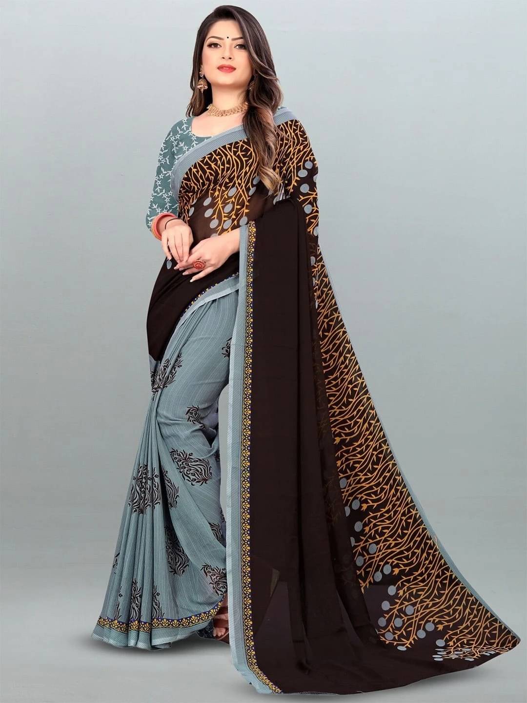 ANAND SAREES Georgette Printed Regular Saree With Unstitched Blouse Piece ( Brown ) ANAND SAREES Georgette Printed Regular Saree With Unstitched Blouse Piece ( Brown )