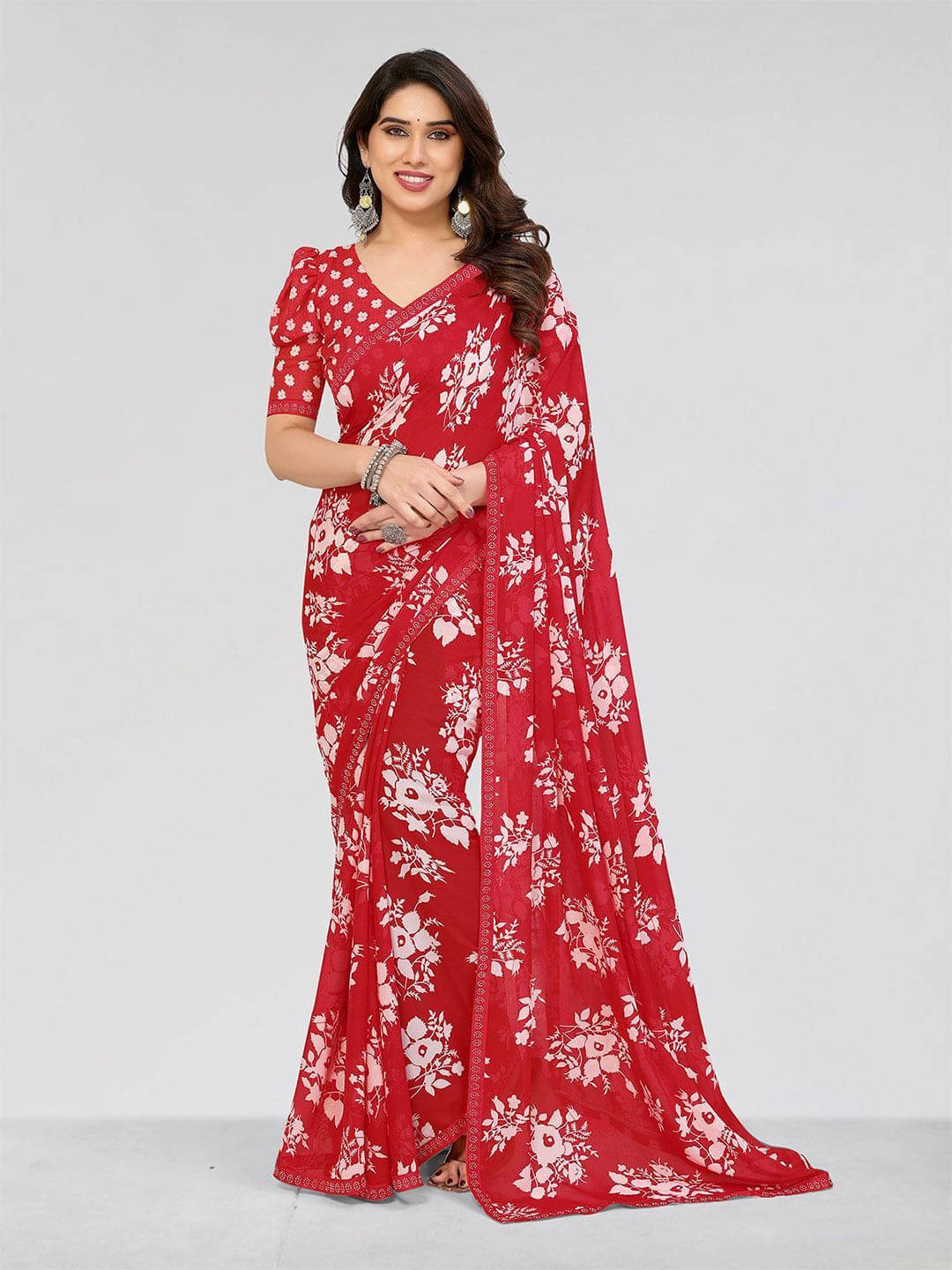 ANAND SAREES Georgette Printed Regular Saree With Unstitched Blouse Piece ( Red ) ANAND SAREES Georgette Printed Regular Saree With Unstitched Blouse Piece ( Red )