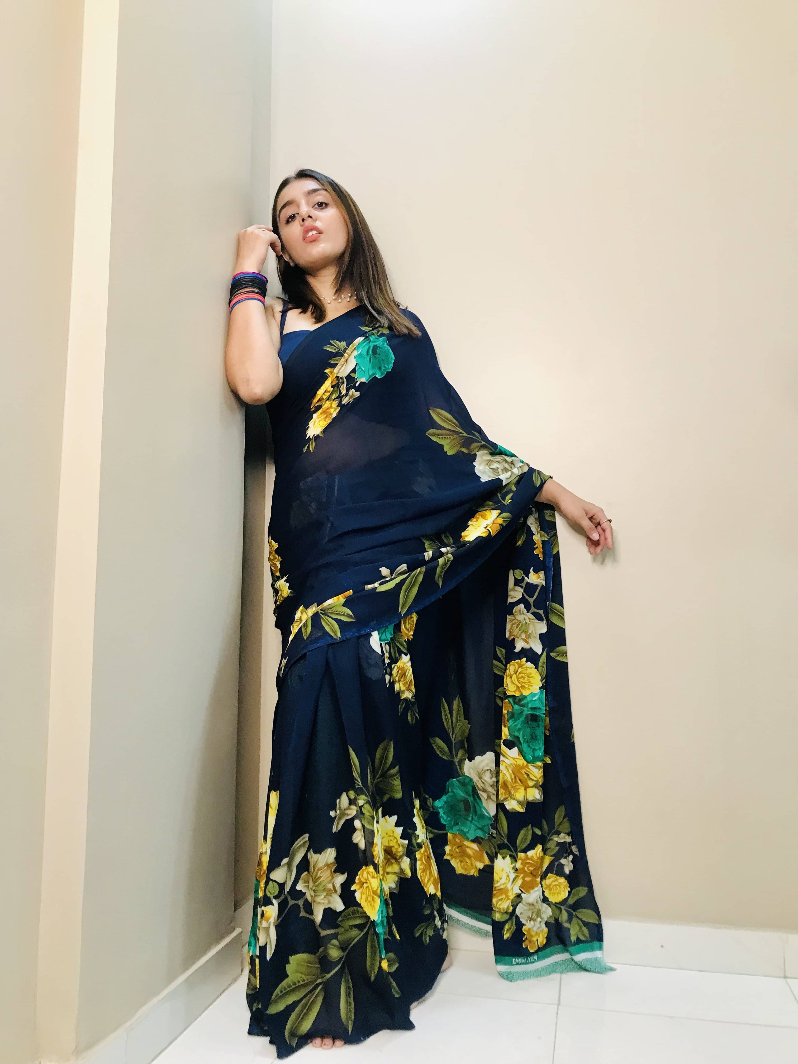 ANAND SAREES Georgette Printed Regular Saree With Unstitched Blouse Piece ( Blue )     			ANAND SAREES Georgette Printed Regular Saree With Unstitched Blouse Piece ( Blue )