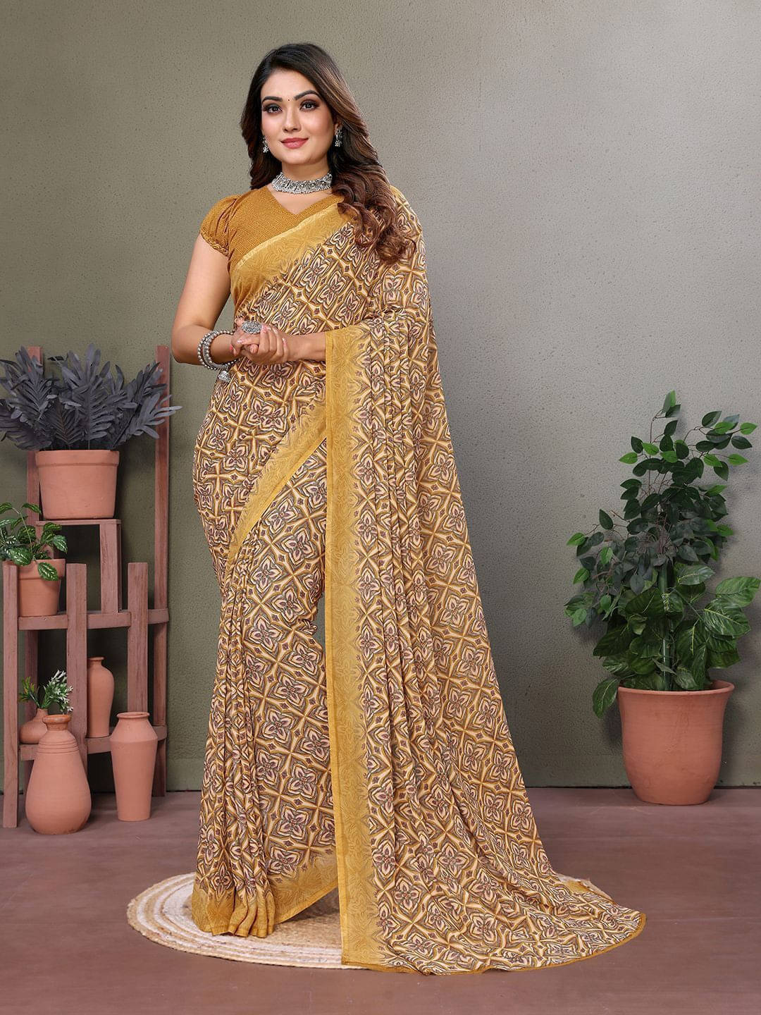    			ANAND SAREES Georgette Printed Regular Saree With Unstitched Blouse Piece ( Yellow )