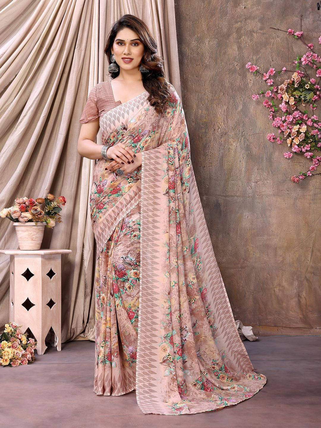 ANAND SAREES Georgette Printed Regular Saree With Unstitched Blouse Piece ( Brown ) ANAND SAREES Georgette Printed Regular Saree With Unstitched Blouse Piece ( Brown )