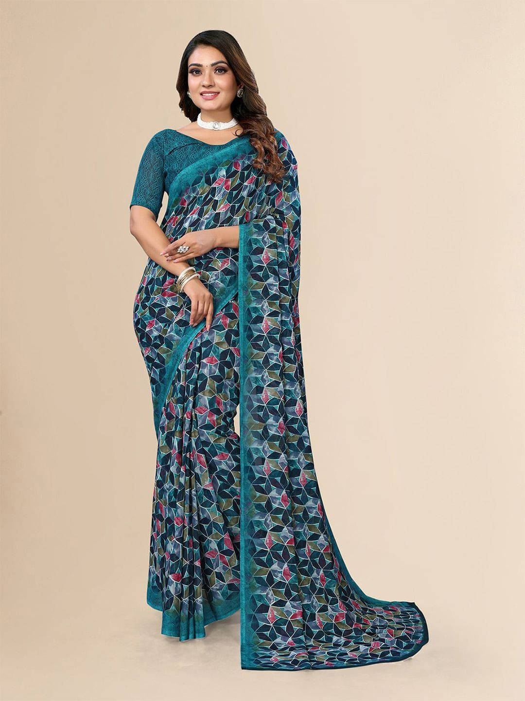 ANAND SAREES Georgette Printed Regular Saree With Unstitched Blouse Piece ( Blue ) ANAND SAREES Georgette Printed Regular Saree With Unstitched Blouse Piece ( Blue )