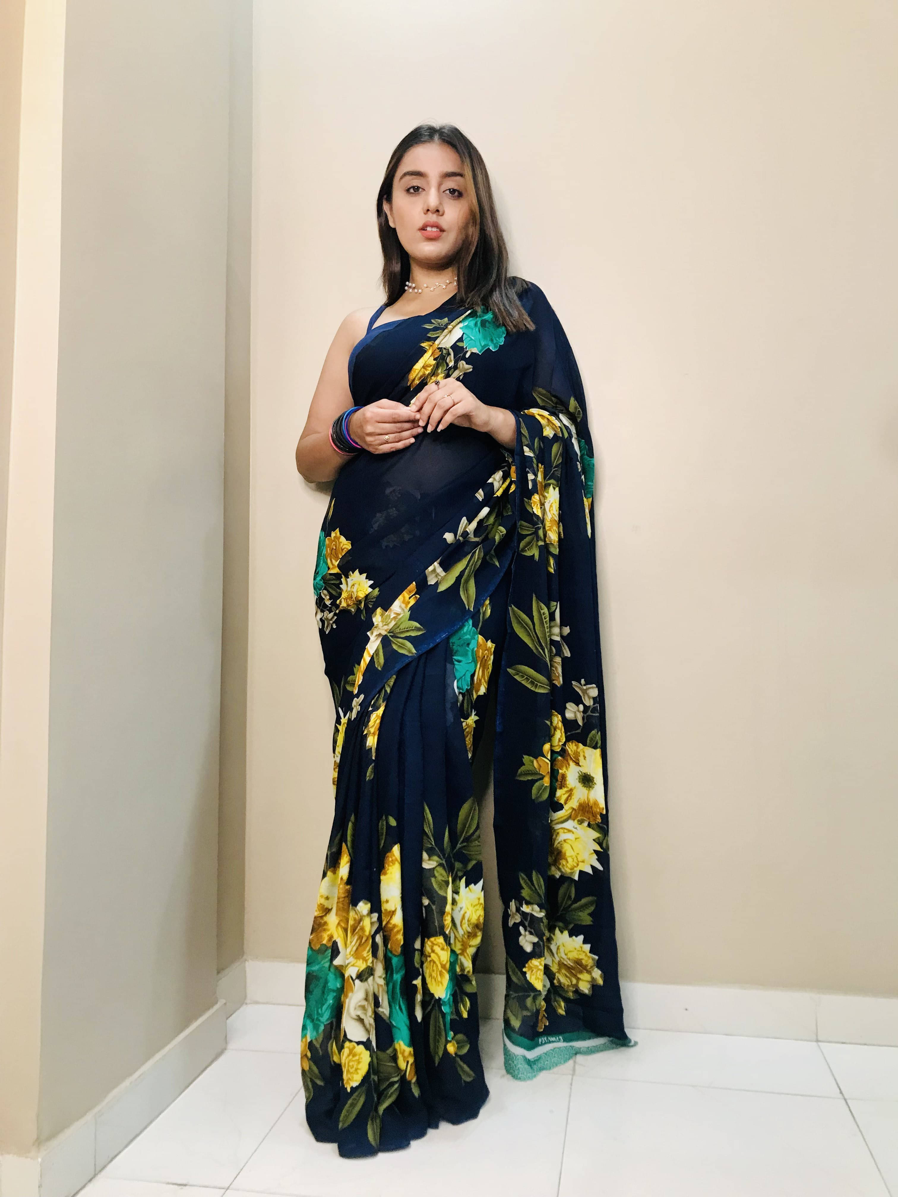 ANAND SAREES Georgette Printed Regular Saree With Unstitched Blouse Piece ( Blue ) ANAND SAREES Georgette Printed Regular Saree With Unstitched Blouse Piece ( Blue )