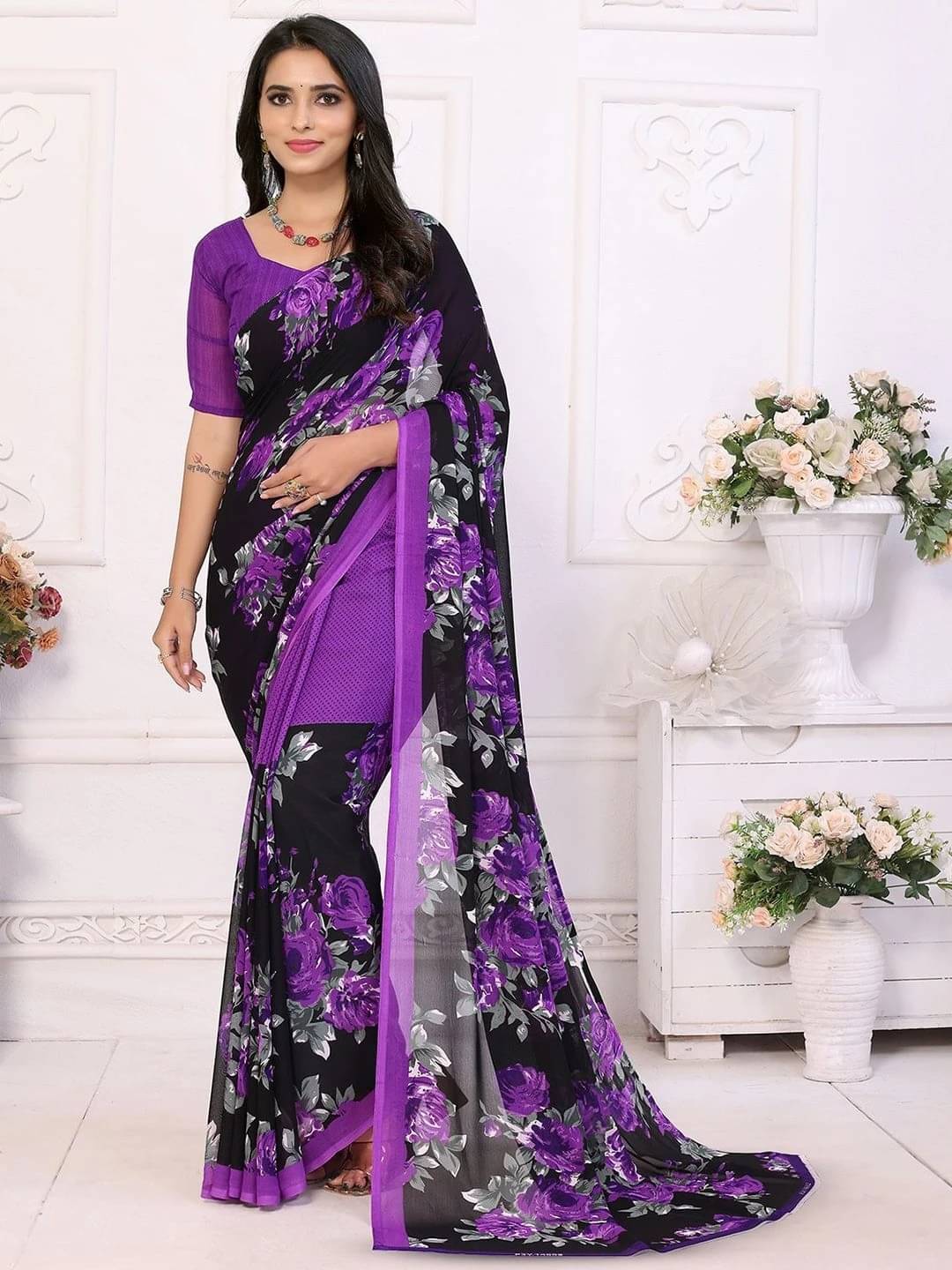 ANAND SAREES Georgette Printed Regular Saree With Unstitched Blouse Piece ( Purple ) ANAND SAREES Georgette Printed Regular Saree With Unstitched Blouse Piece ( Purple )