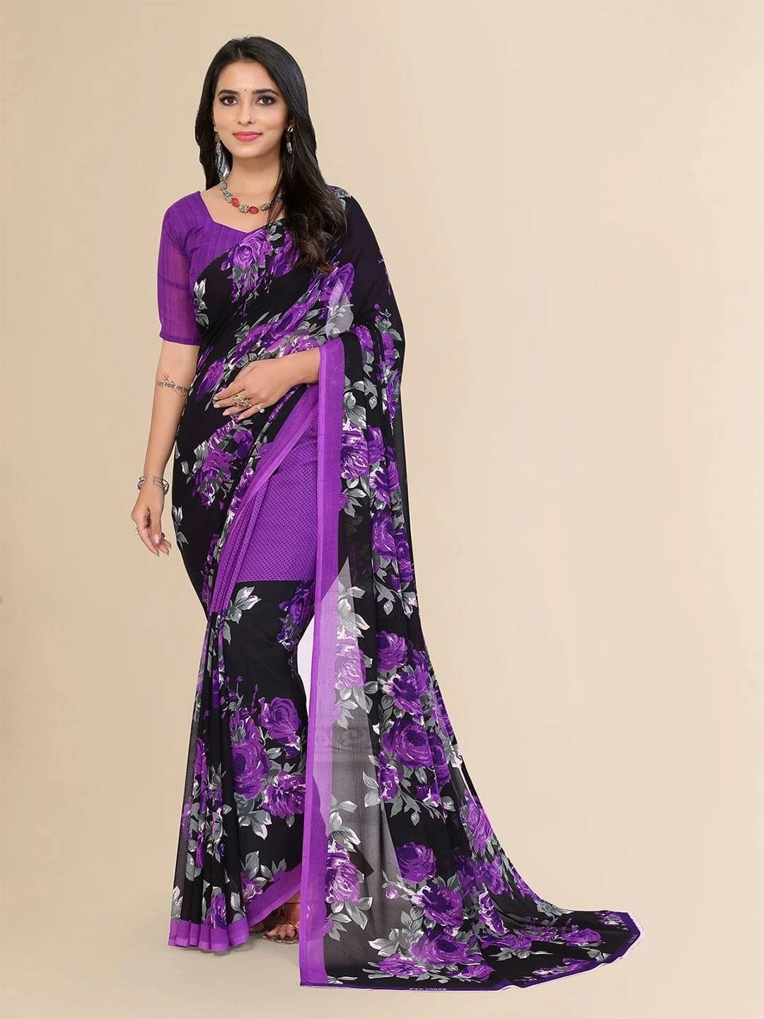     			ANAND SAREES Georgette Printed Regular Saree With Unstitched Blouse Piece ( Purple )