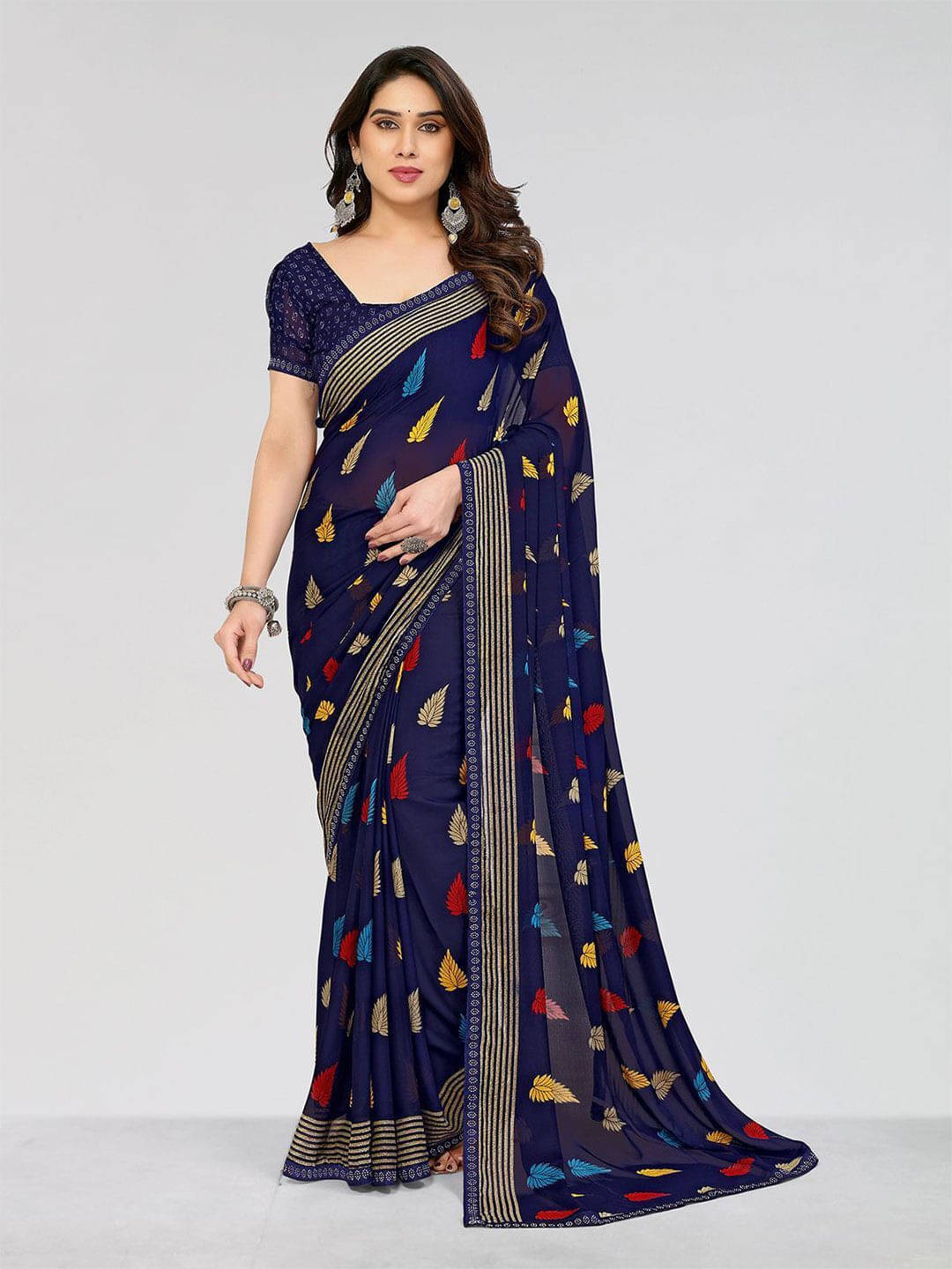 ANAND SAREES Georgette Printed Regular Saree With Unstitched Blouse Piece ( Blue ) ANAND SAREES Georgette Printed Regular Saree With Unstitched Blouse Piece ( Blue )