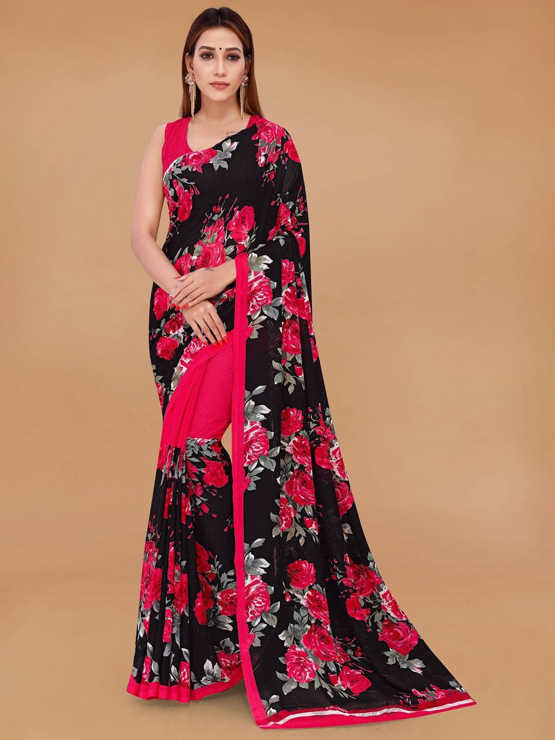 ANAND SAREES Georgette Printed Regular Saree With Unstitched Blouse Piece ( Pink ) ANAND SAREES Georgette Printed Regular Saree With Unstitched Blouse Piece ( Pink )